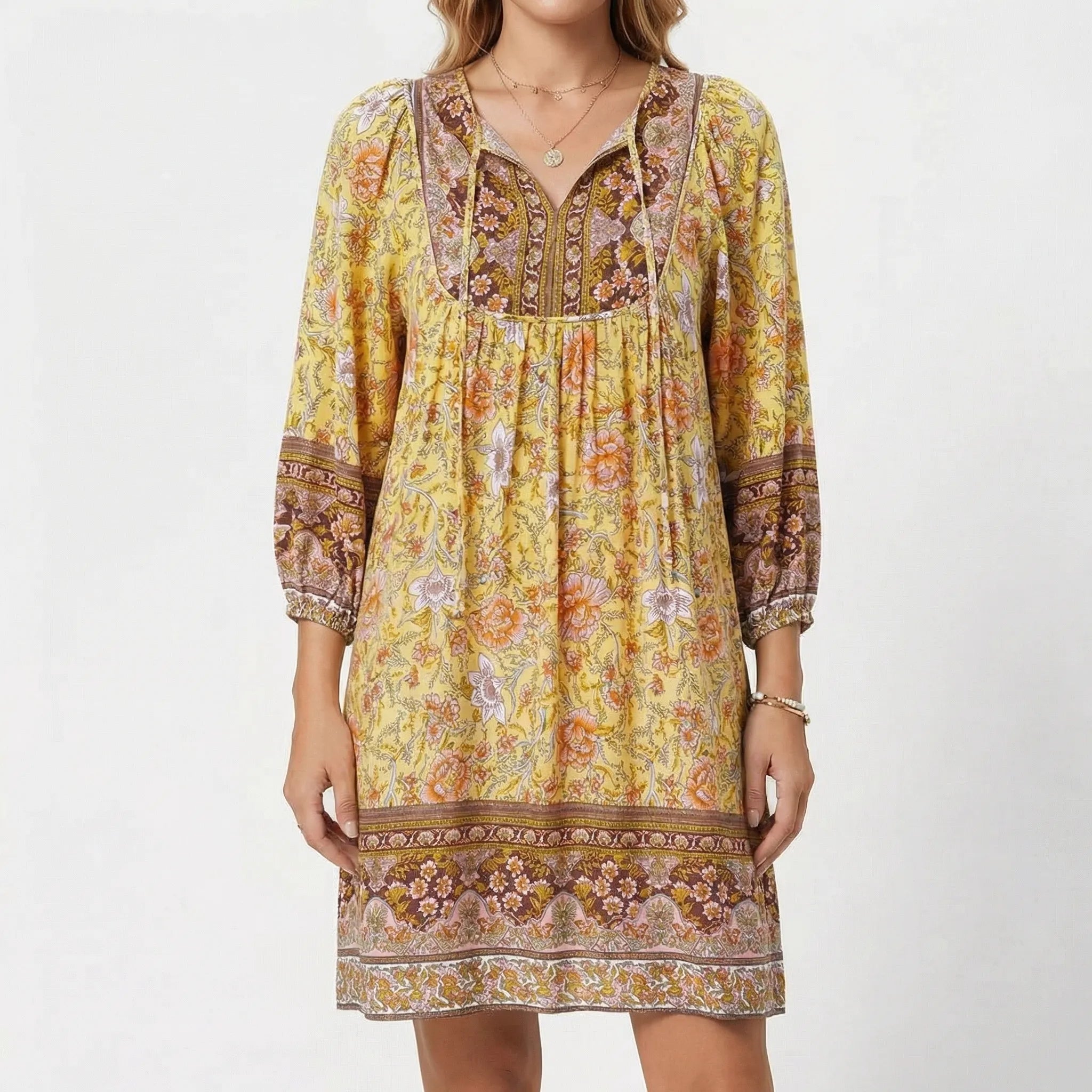 Solenne Floral V-Neck Puff Sleeve Mini Dress