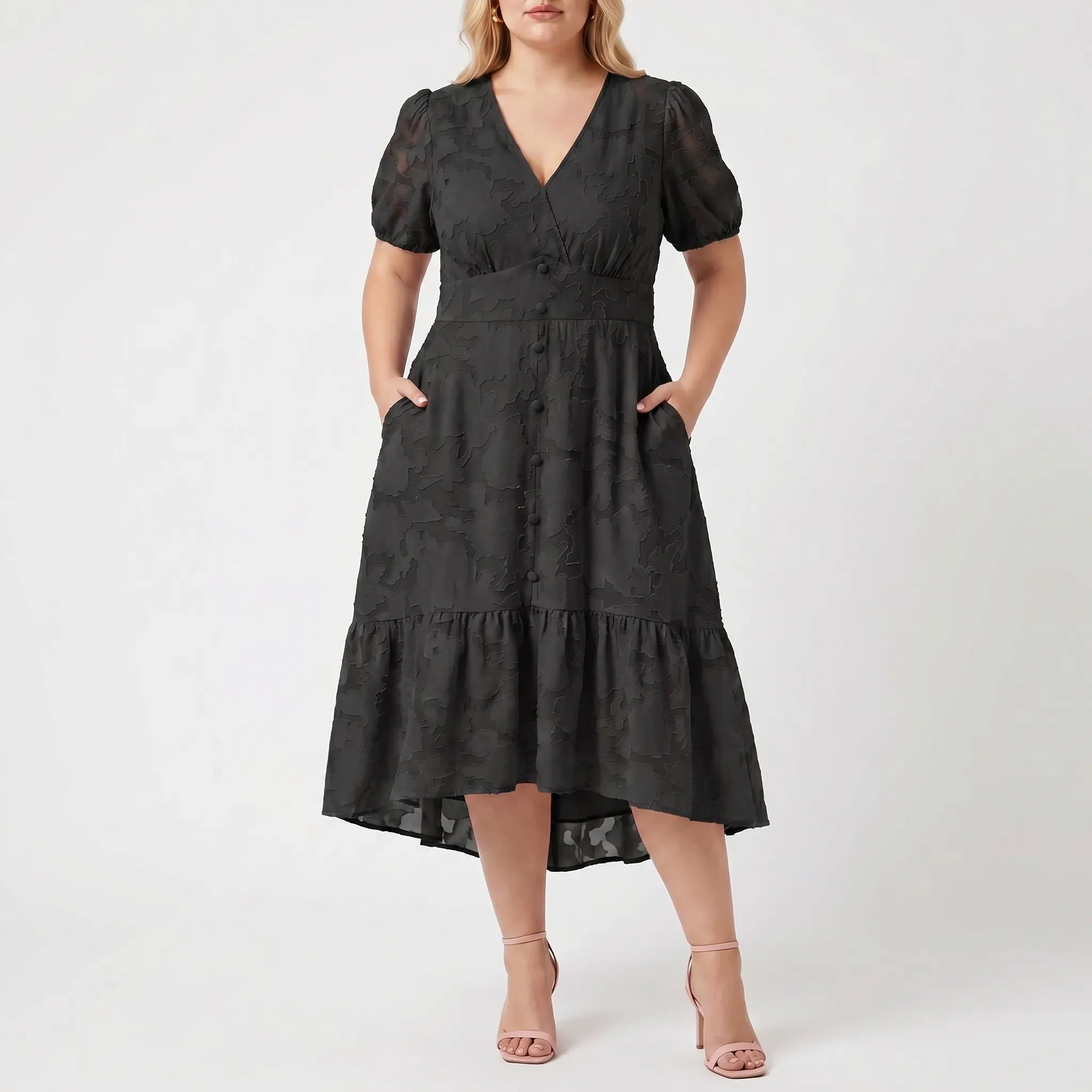 Celestine Textured Lantern Sleeve Midi Dress
