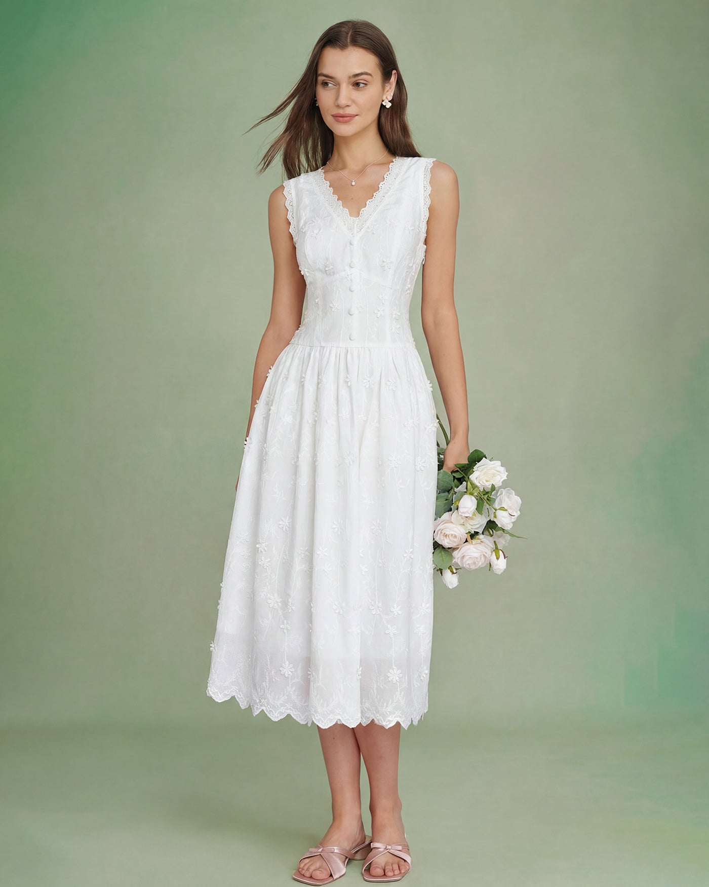 Celestine Cotton Floral Embroidery Sleeveless Midi Dress