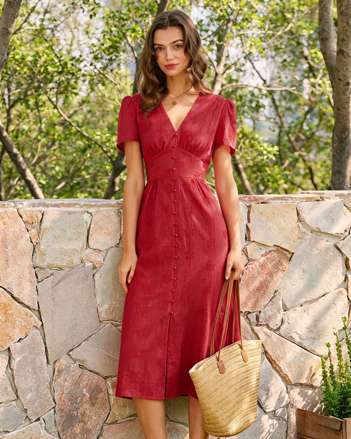 Adaline Cotton V-Neck Embroidered Midi Dress