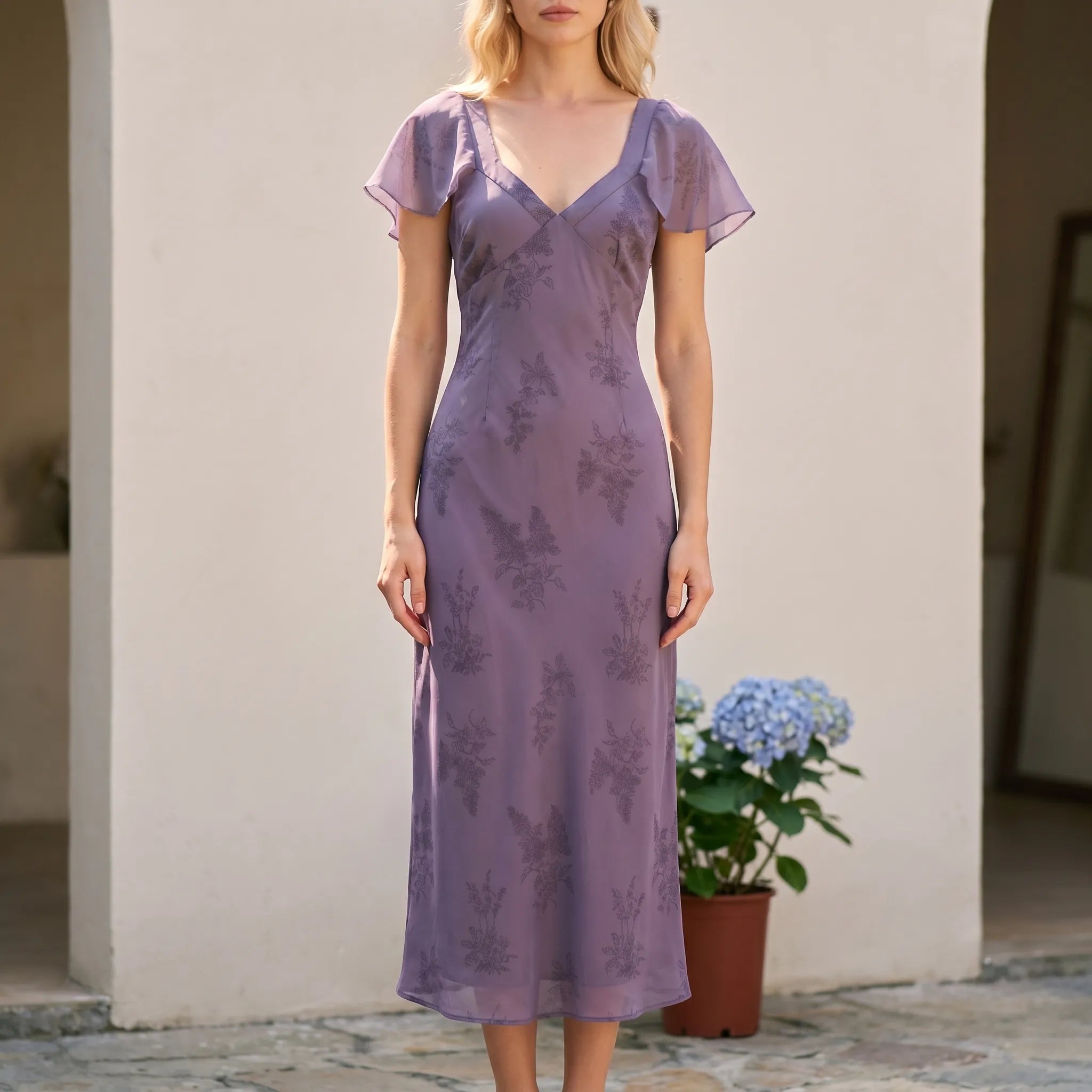Valora V-Neck Butterfly Sleeve Midi Dress