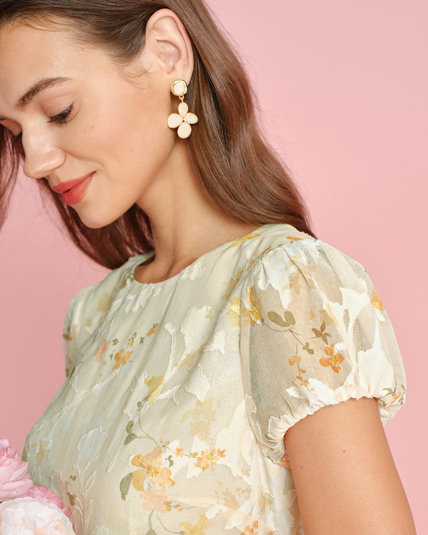 Rosette Textured Floral Midi Dress