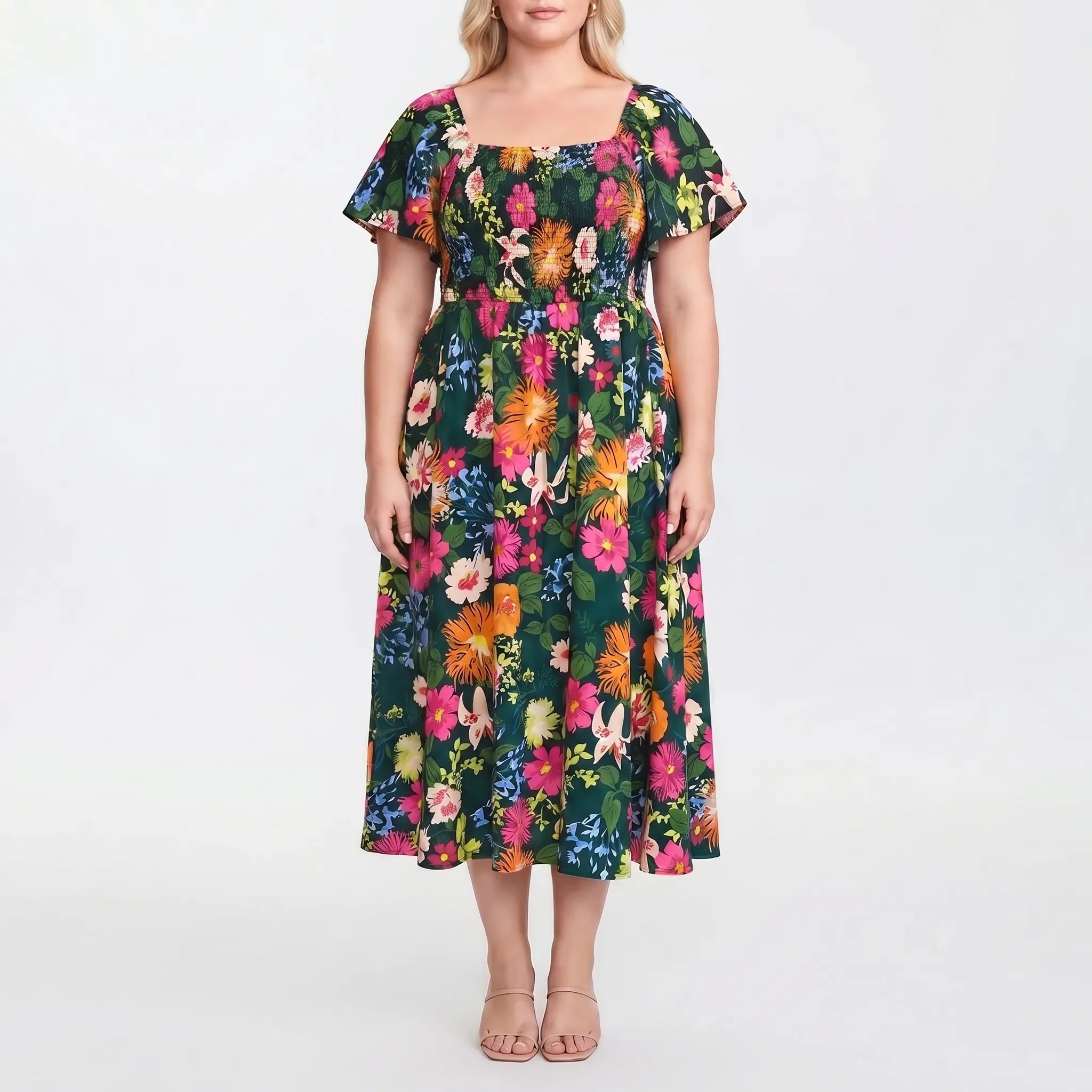 Sylvaine Floral Shirred Square Neck Midi Dress