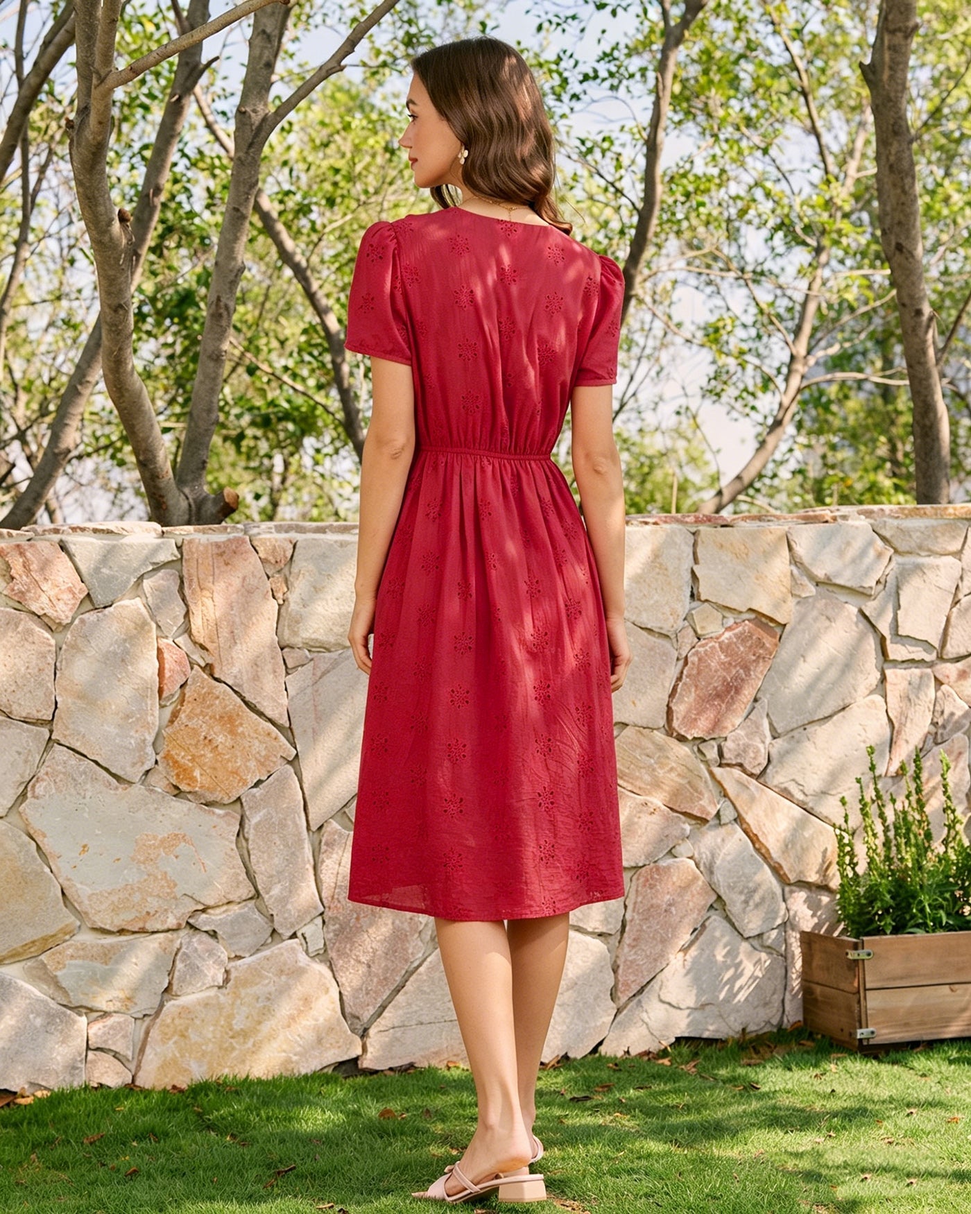 Adaline Cotton V-Neck Embroidered Midi Dress