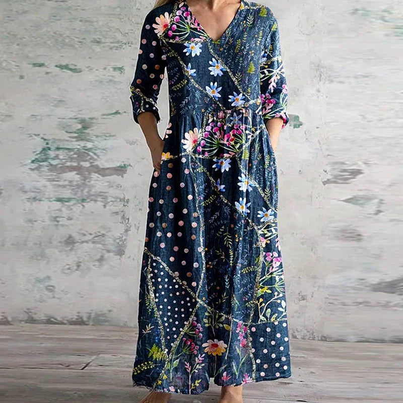 Viora Women's Patchwork V-Neck 3/4 Sleeve Maxi Dress