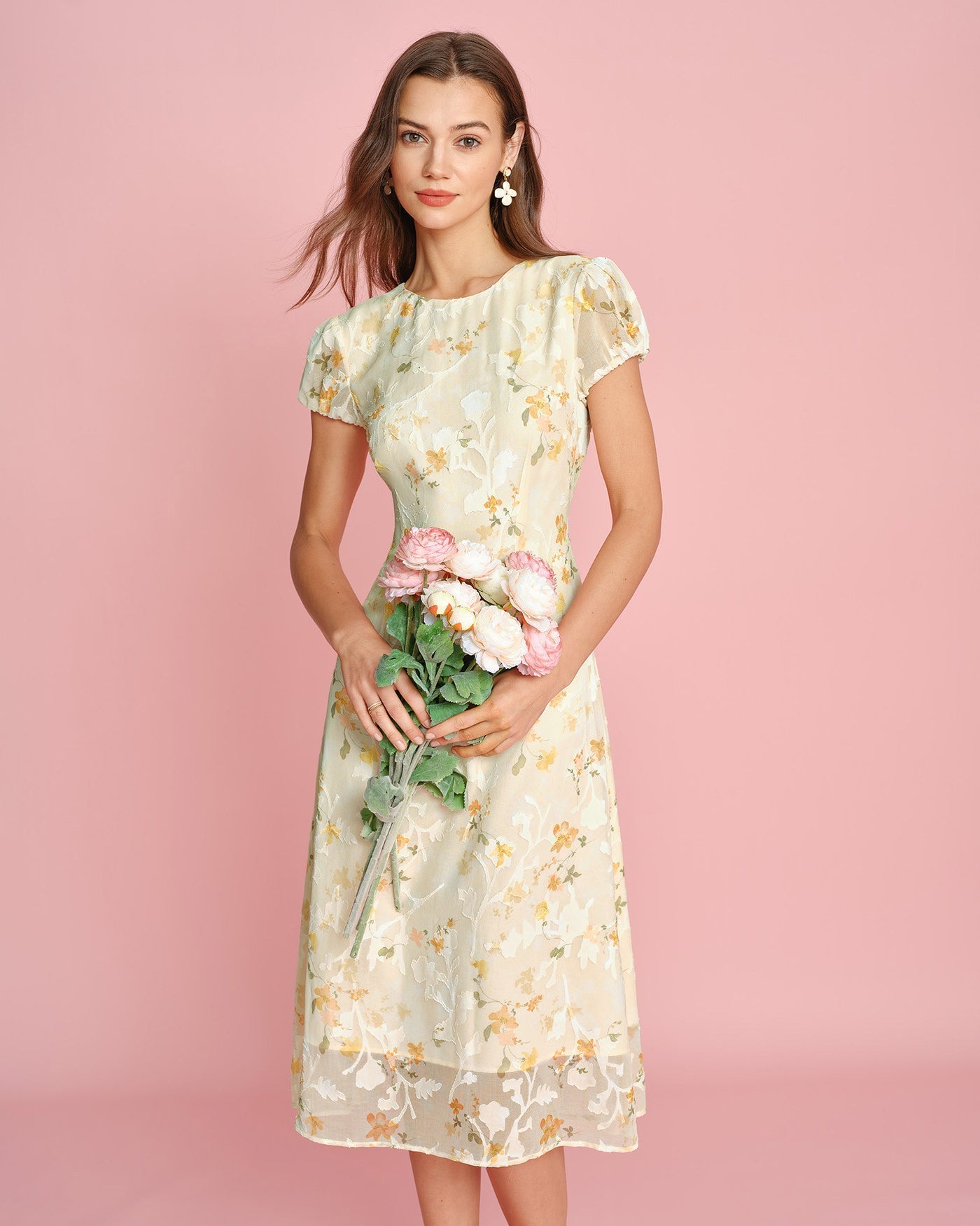 Rosette Textured Floral Midi Dress