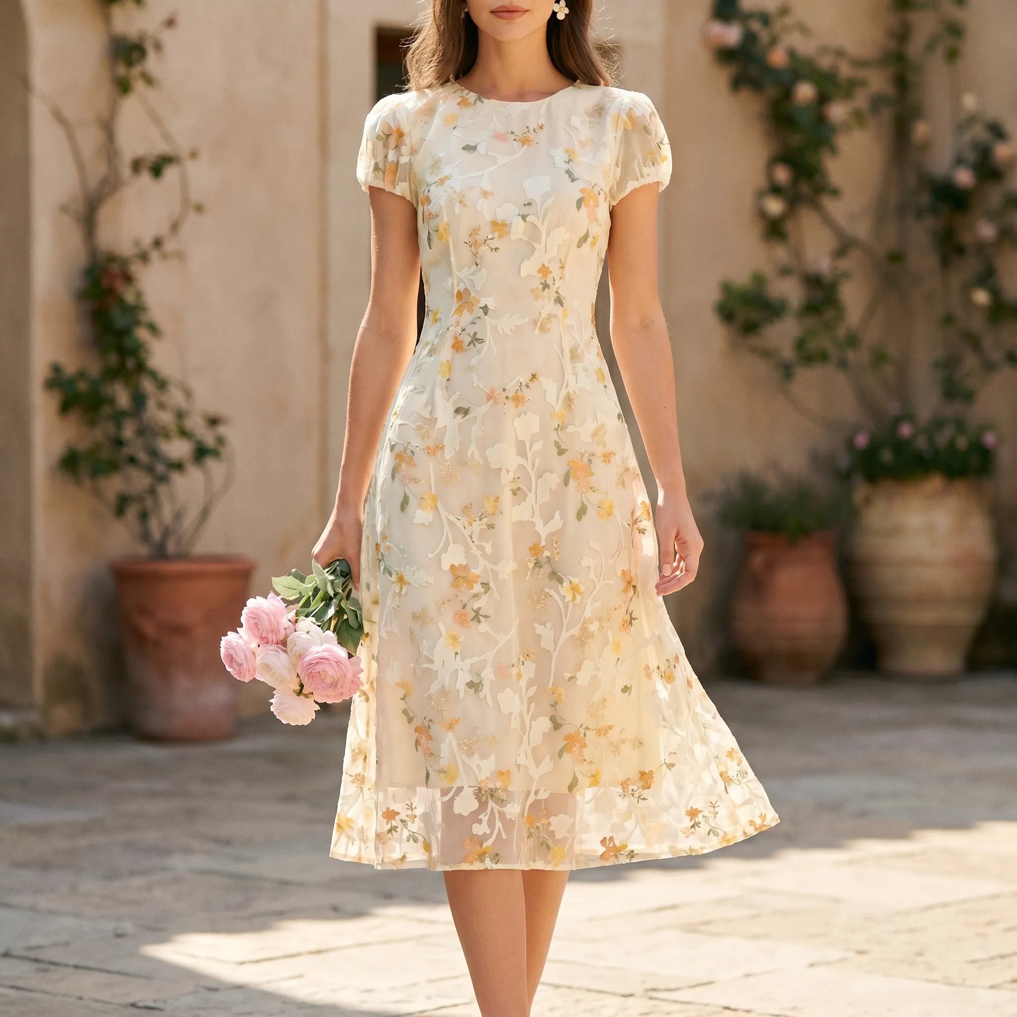 Rosette Textured Floral Midi Dress