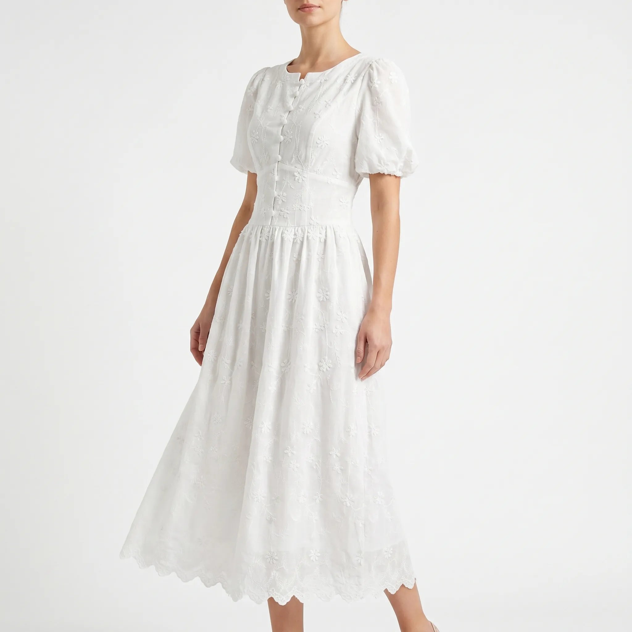 Delphine Cotton Floral Puffed Sleeve Midi Dress