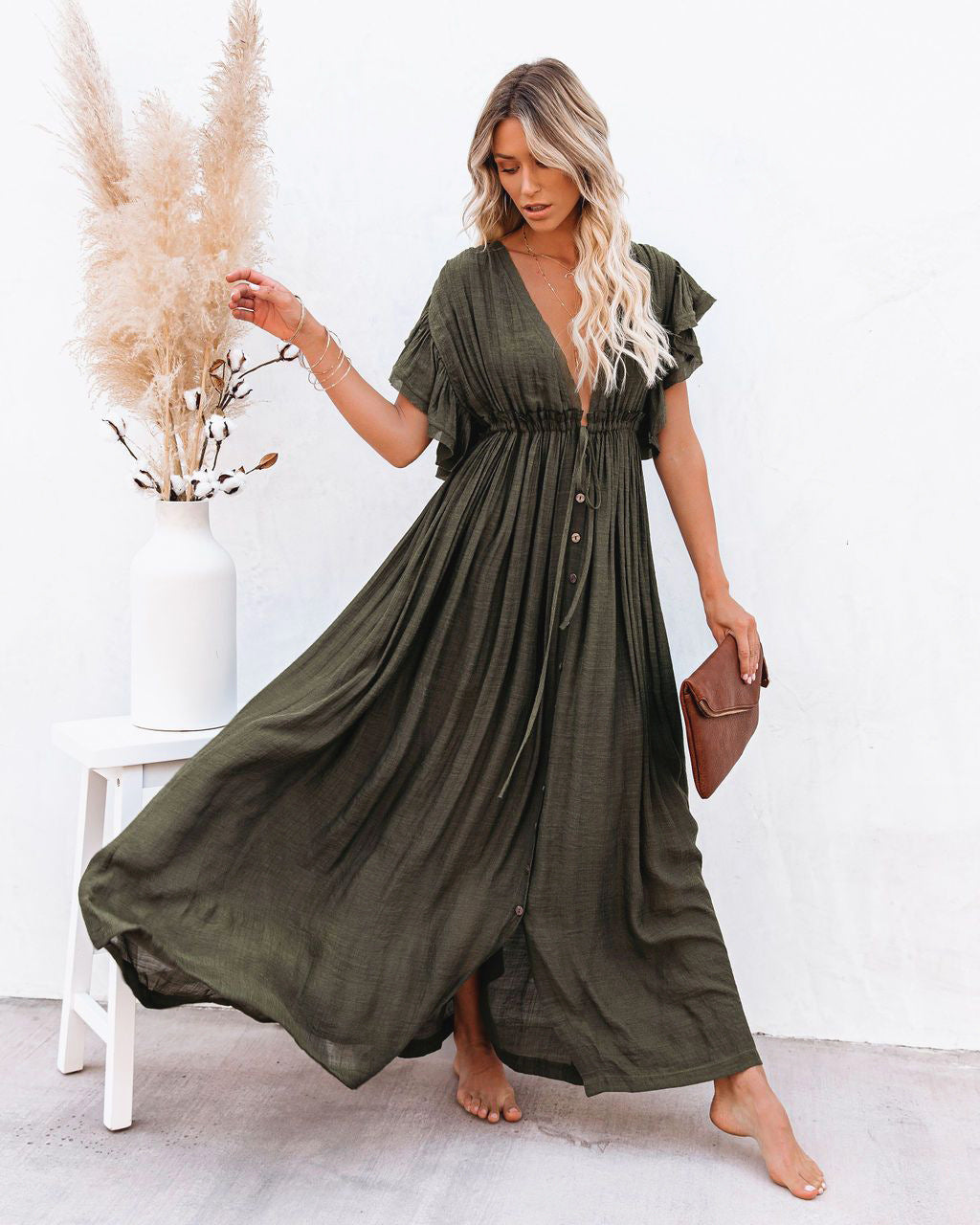 Valentina V-Neck Button-Front Maxi Dress