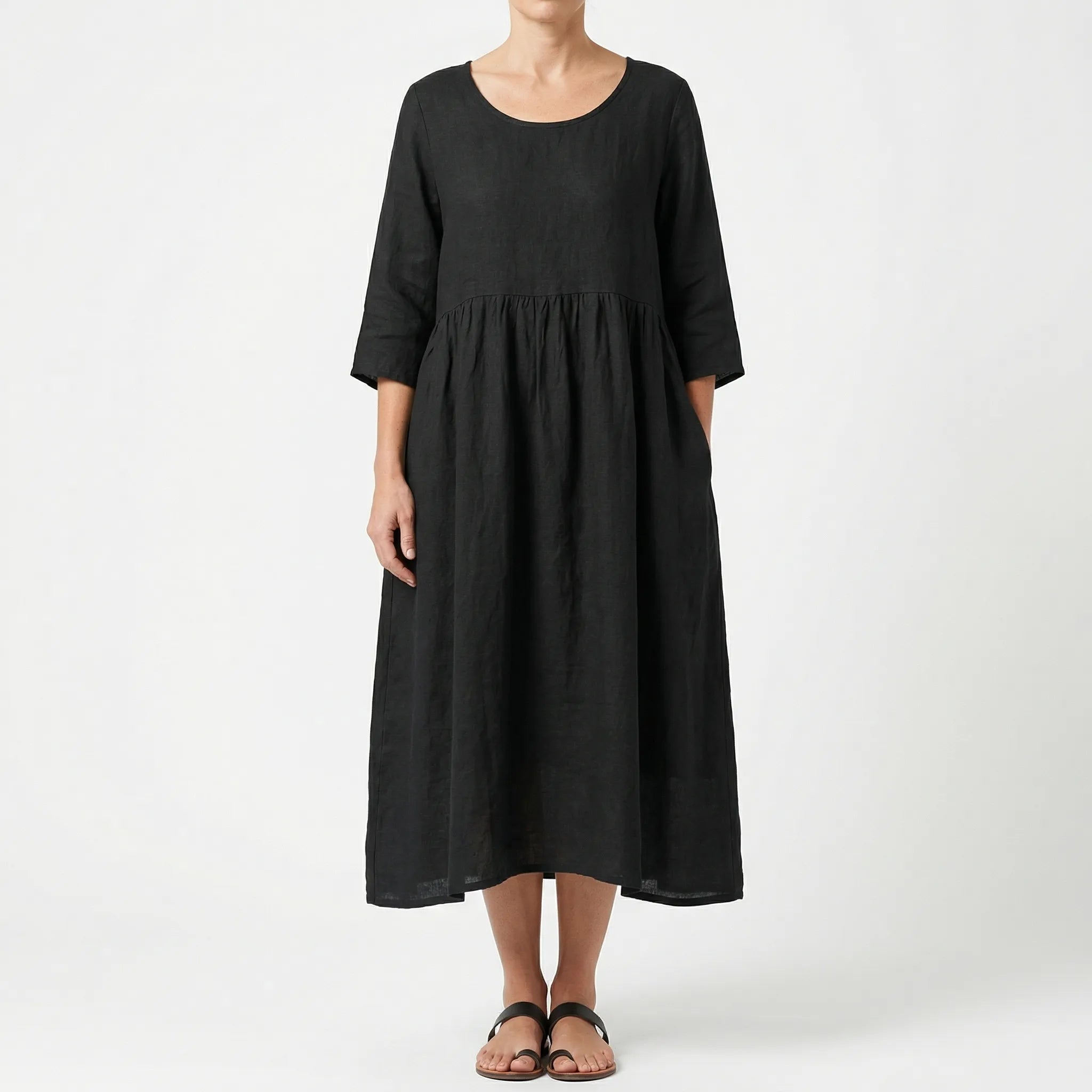 Cortina Linen Cotton Gathered Waist Midi Dress