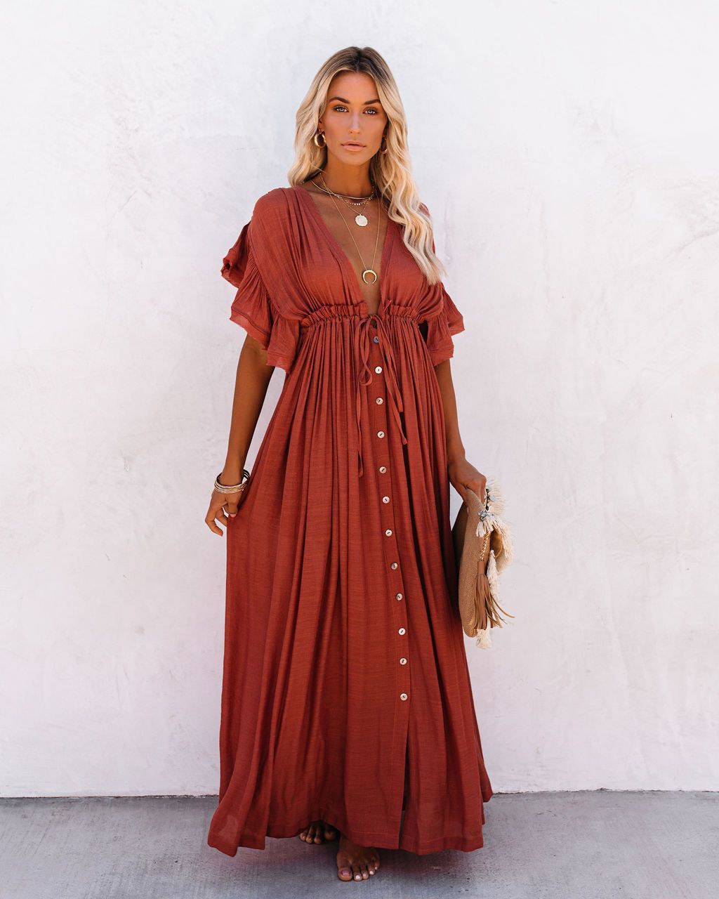 Valentina V-Neck Button-Front Maxi Dress