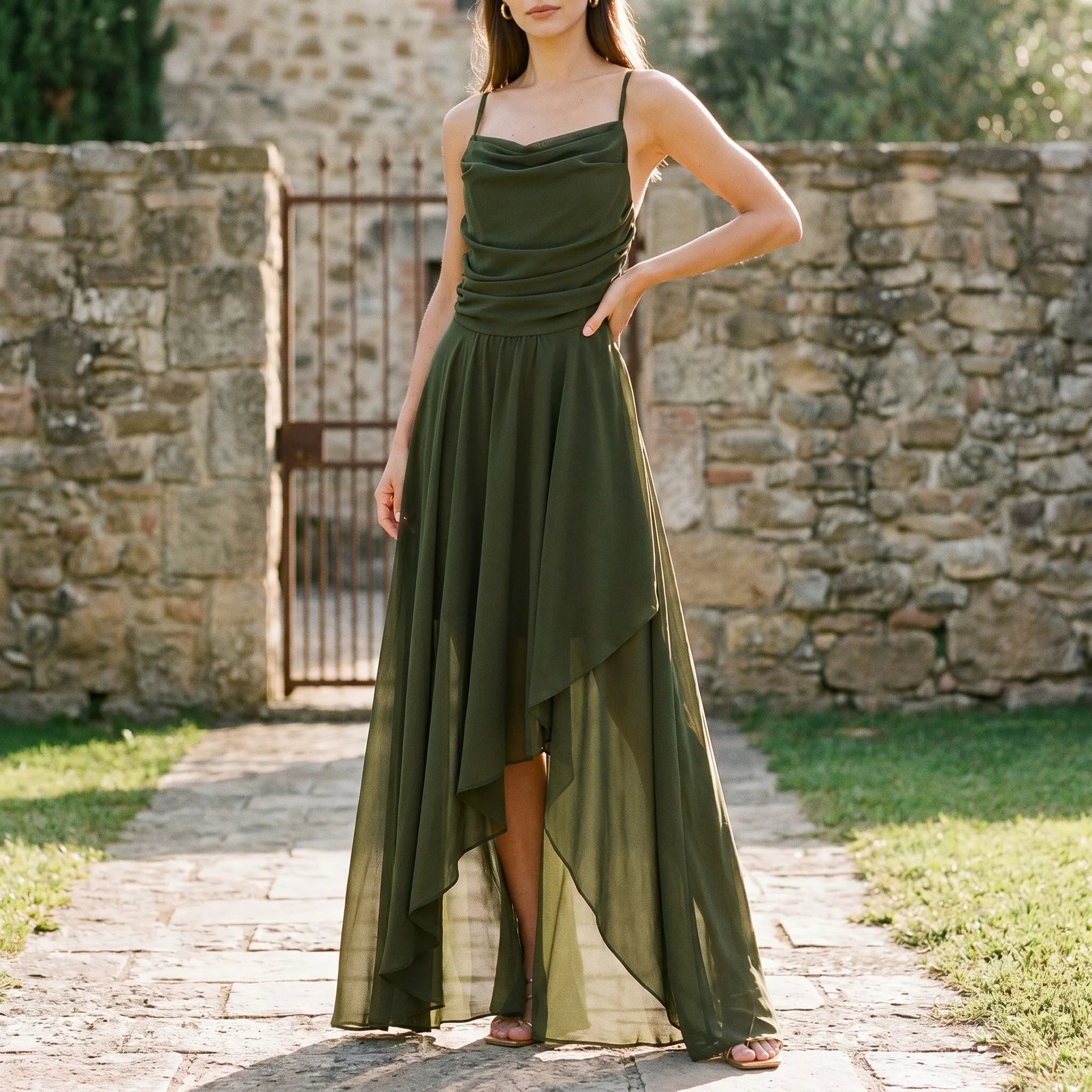 Valeria Square-Neck Chiffon Maxi Dress