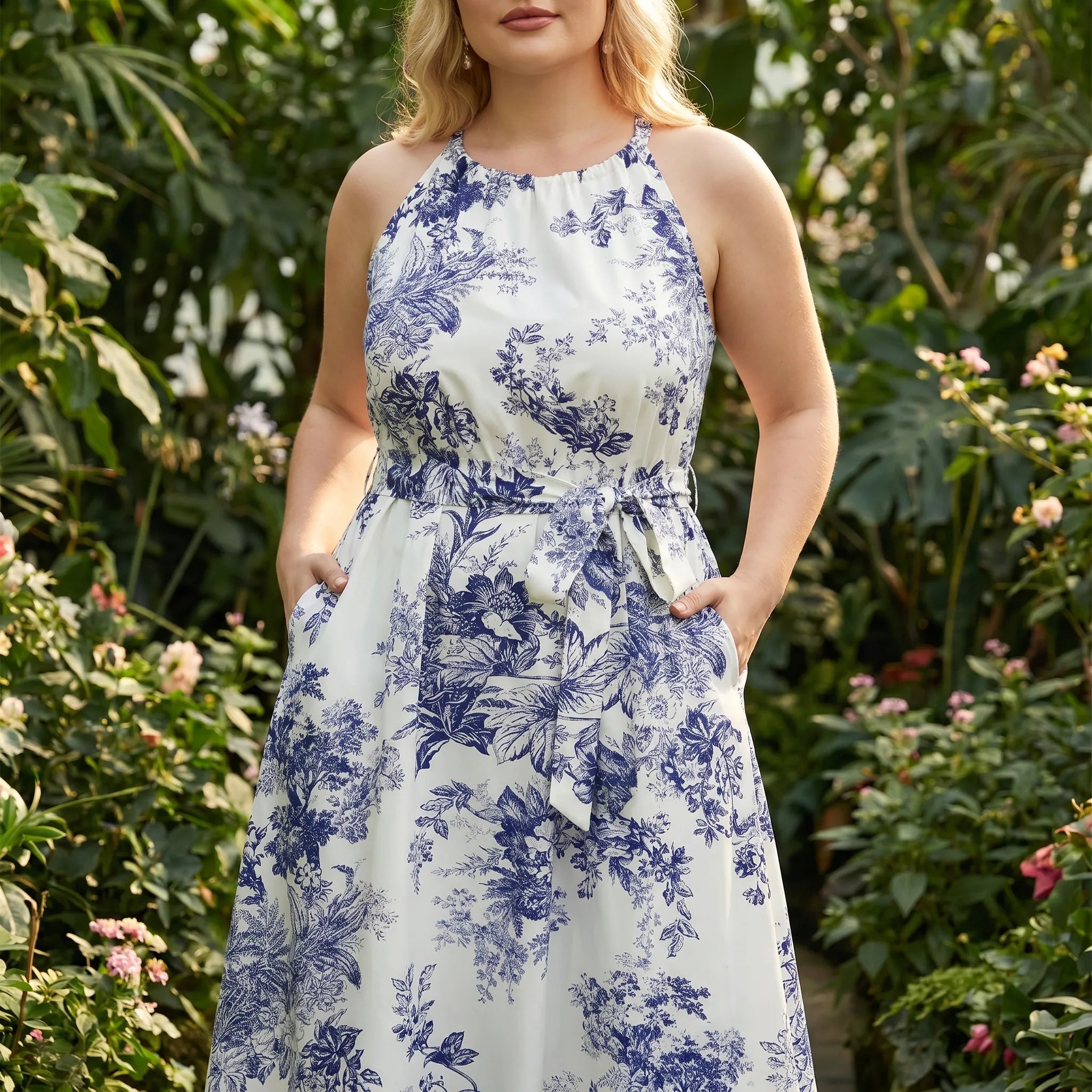 Florina Sleeveless Halter Midi Dress With Pockets