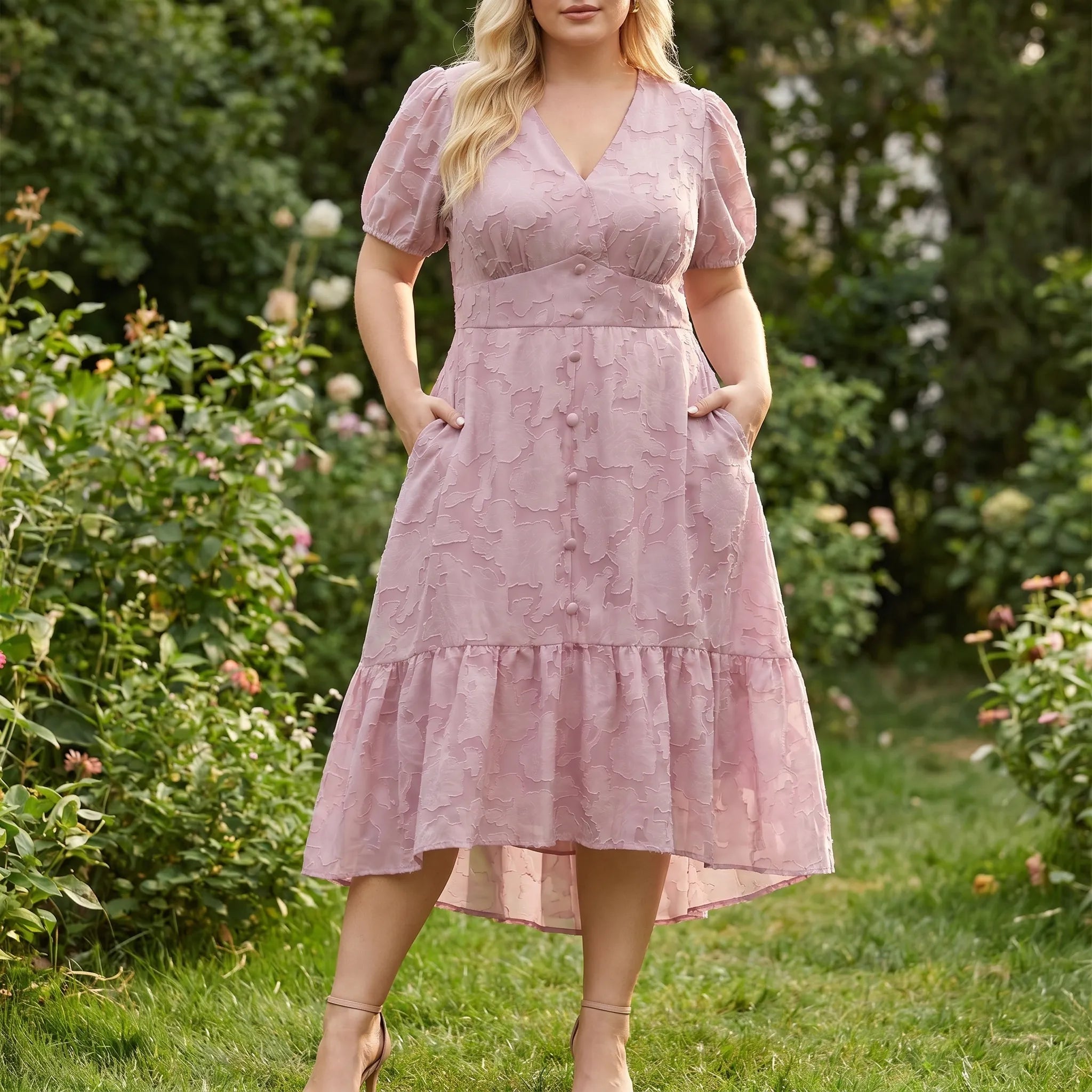 Celestine Textured Lantern Sleeve Midi Dress