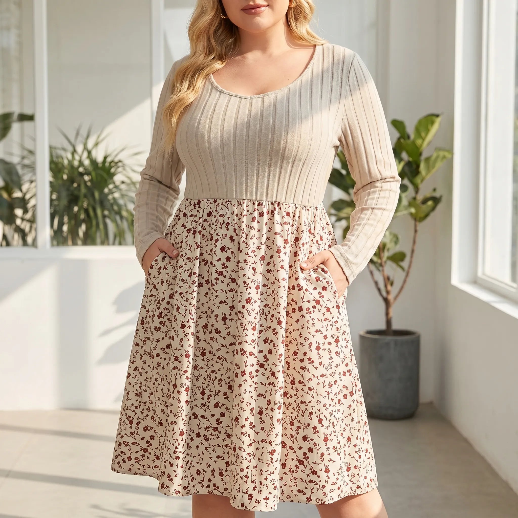 Everly Ribbed Floral Patchwork Midi Dress