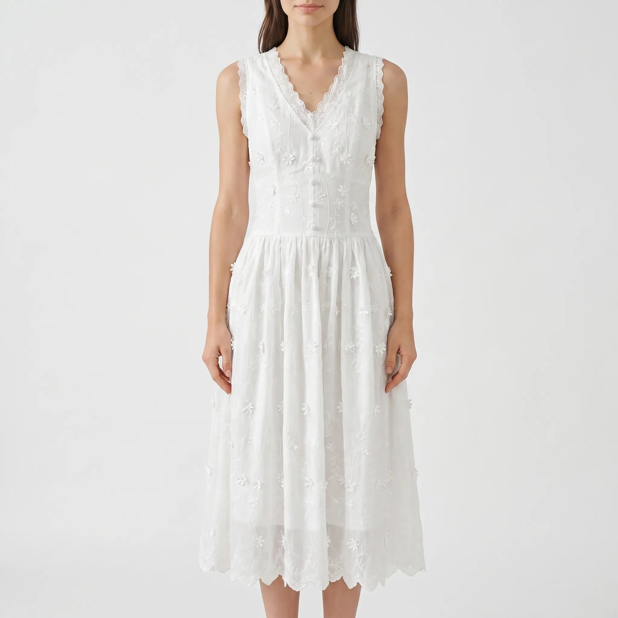 Celestine Cotton Floral Embroidery Sleeveless Midi Dress