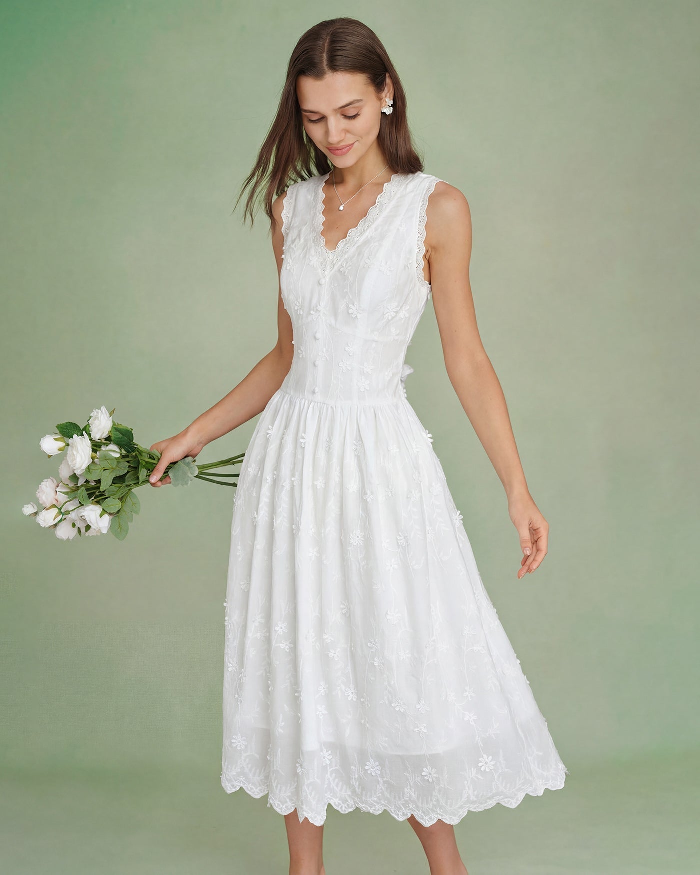 Celestine Cotton Floral Embroidery Sleeveless Midi Dress