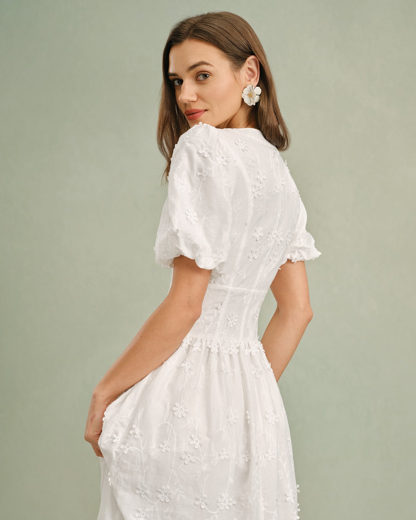 Delphine Cotton Floral Puffed Sleeve Midi Dress