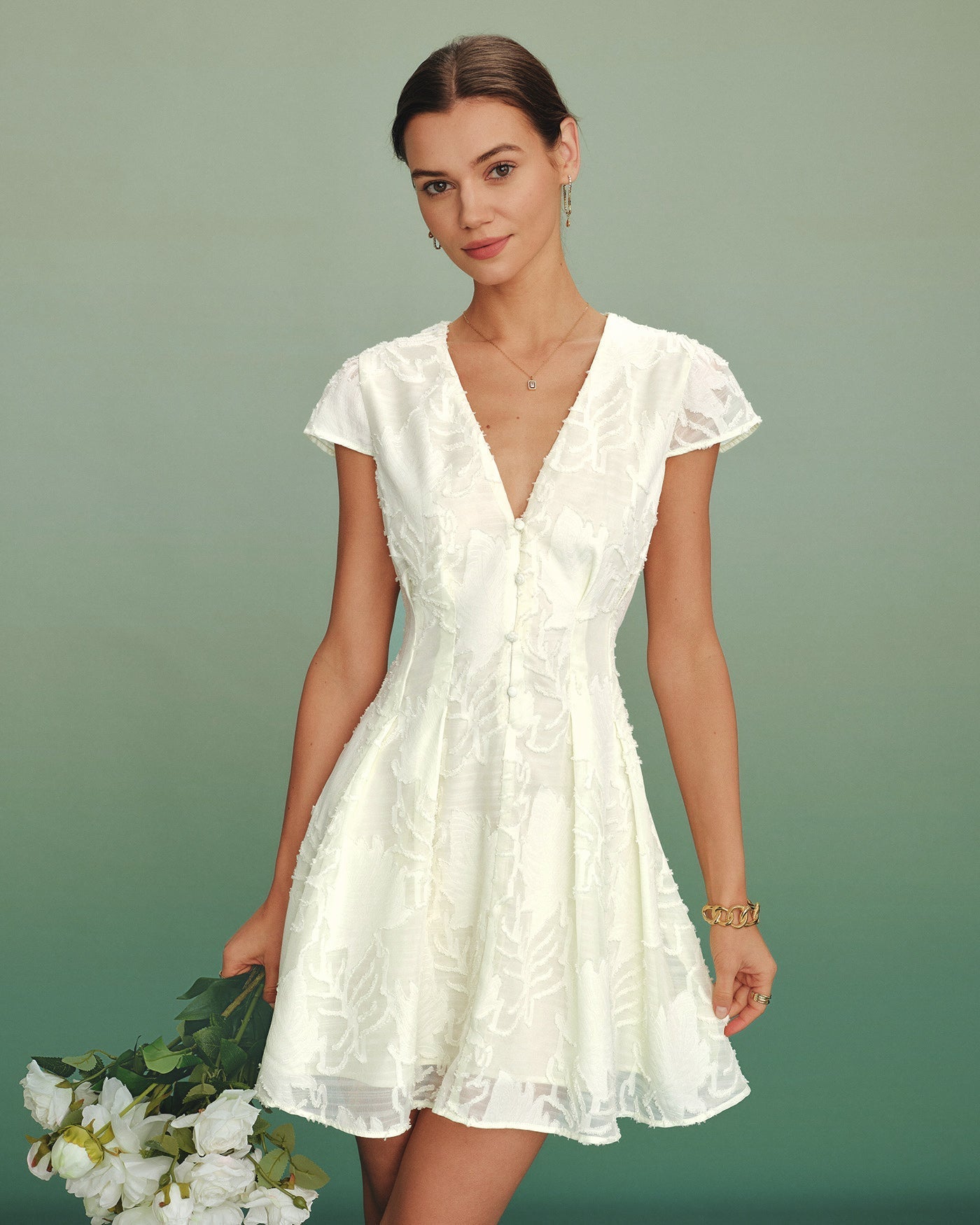Solene Textured V-Neck A-Line Mini Dress
