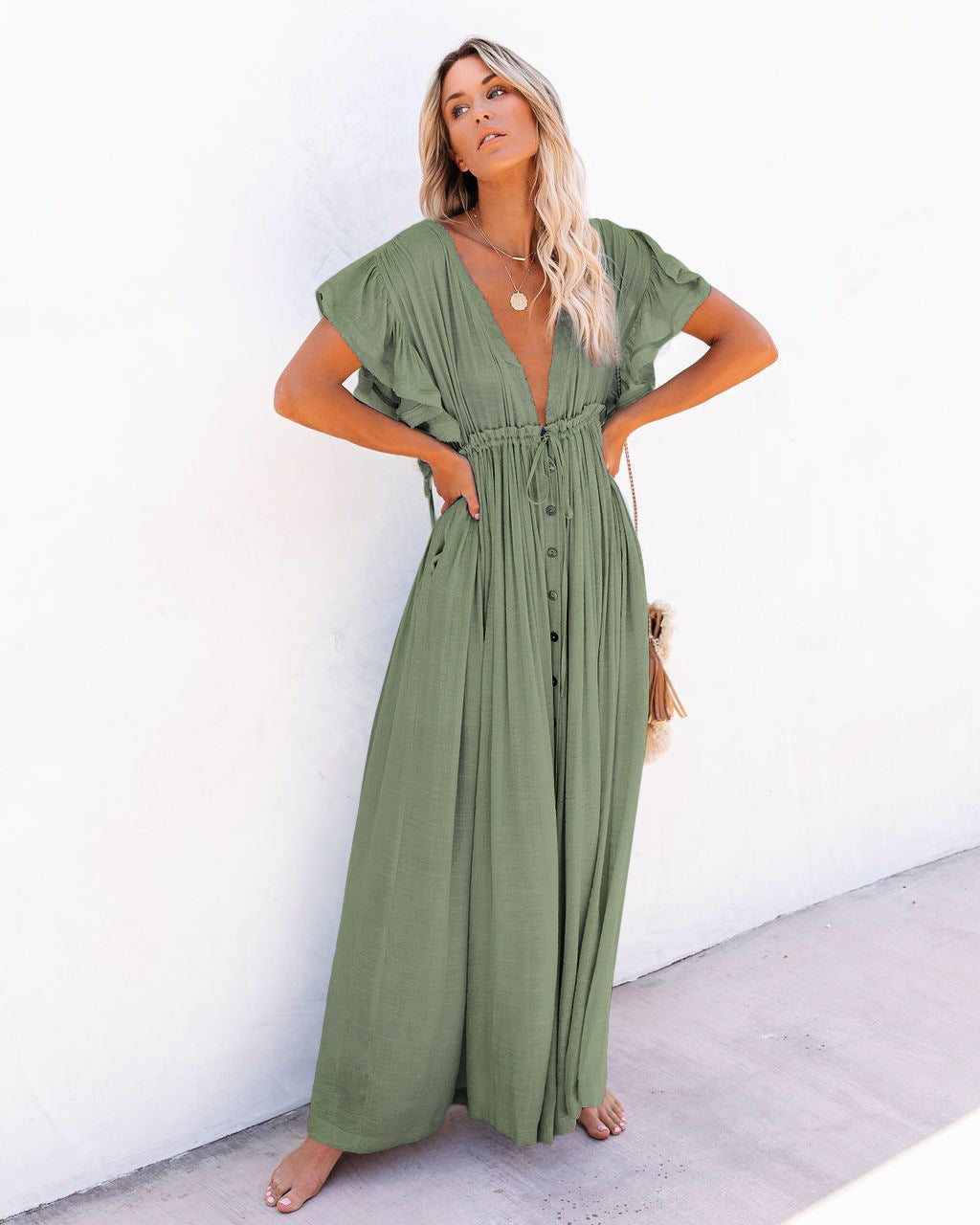 Valentina V-Neck Button-Front Maxi Dress