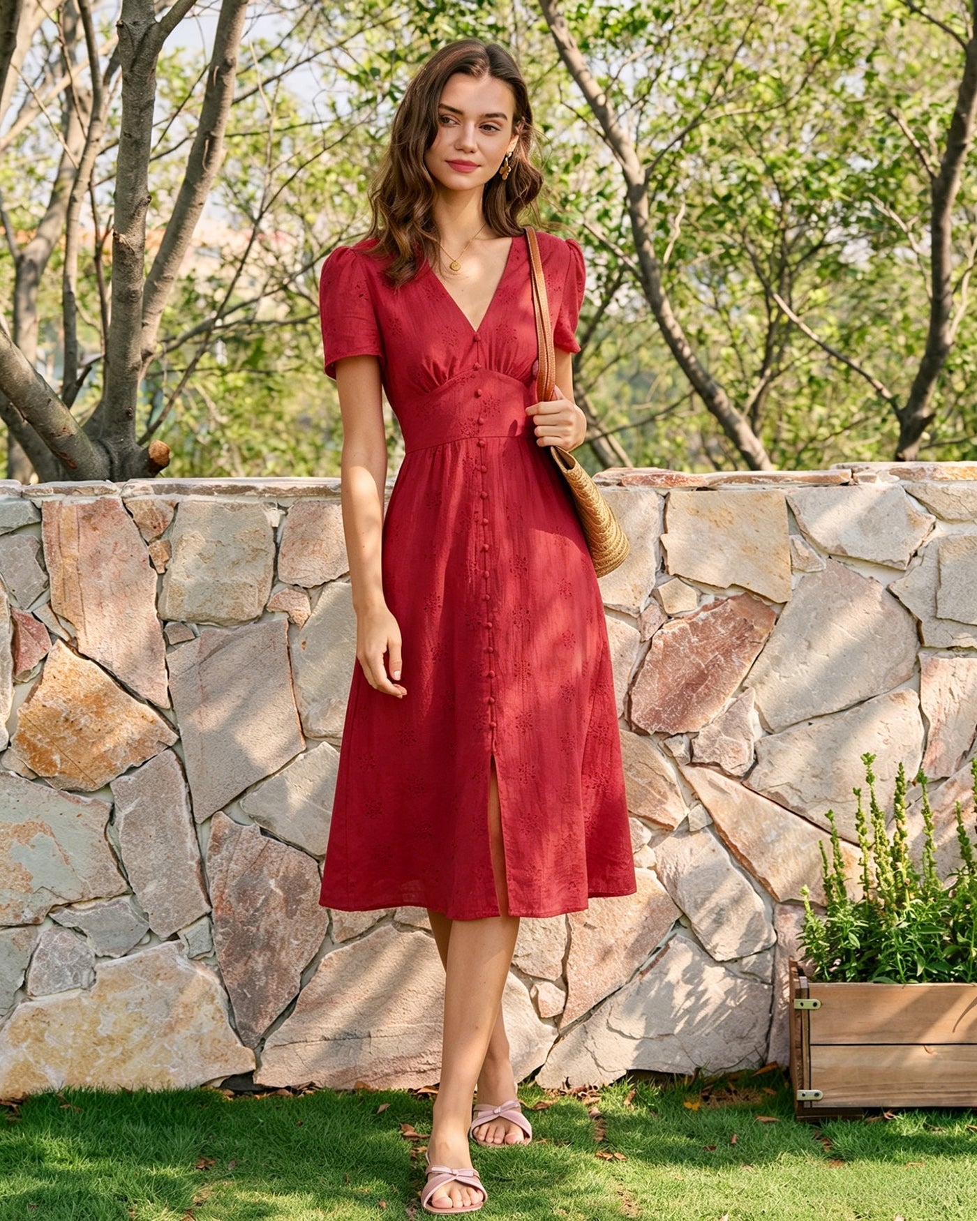 Adaline Cotton V-Neck Embroidered Midi Dress