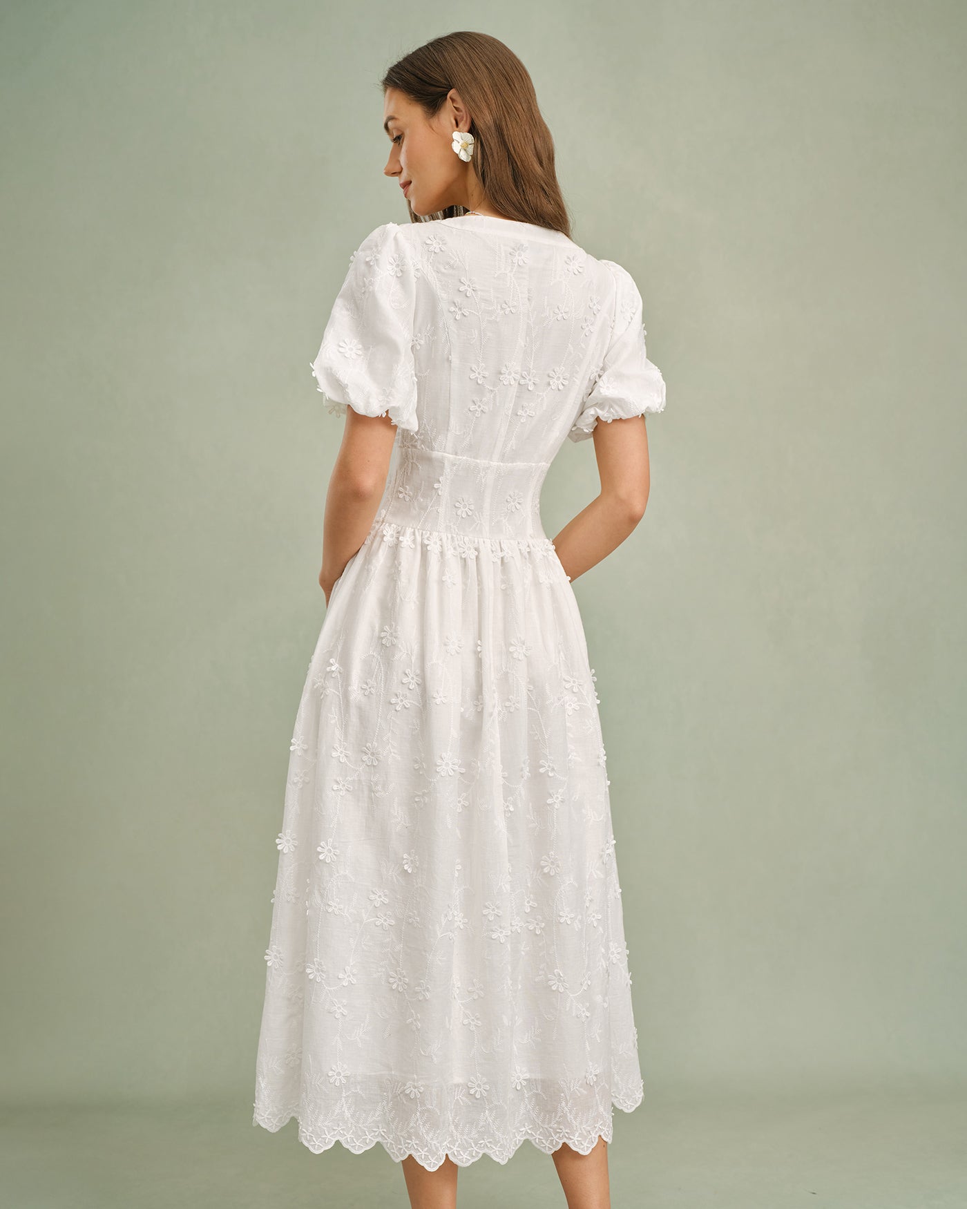 Delphine Cotton Floral Puffed Sleeve Midi Dress