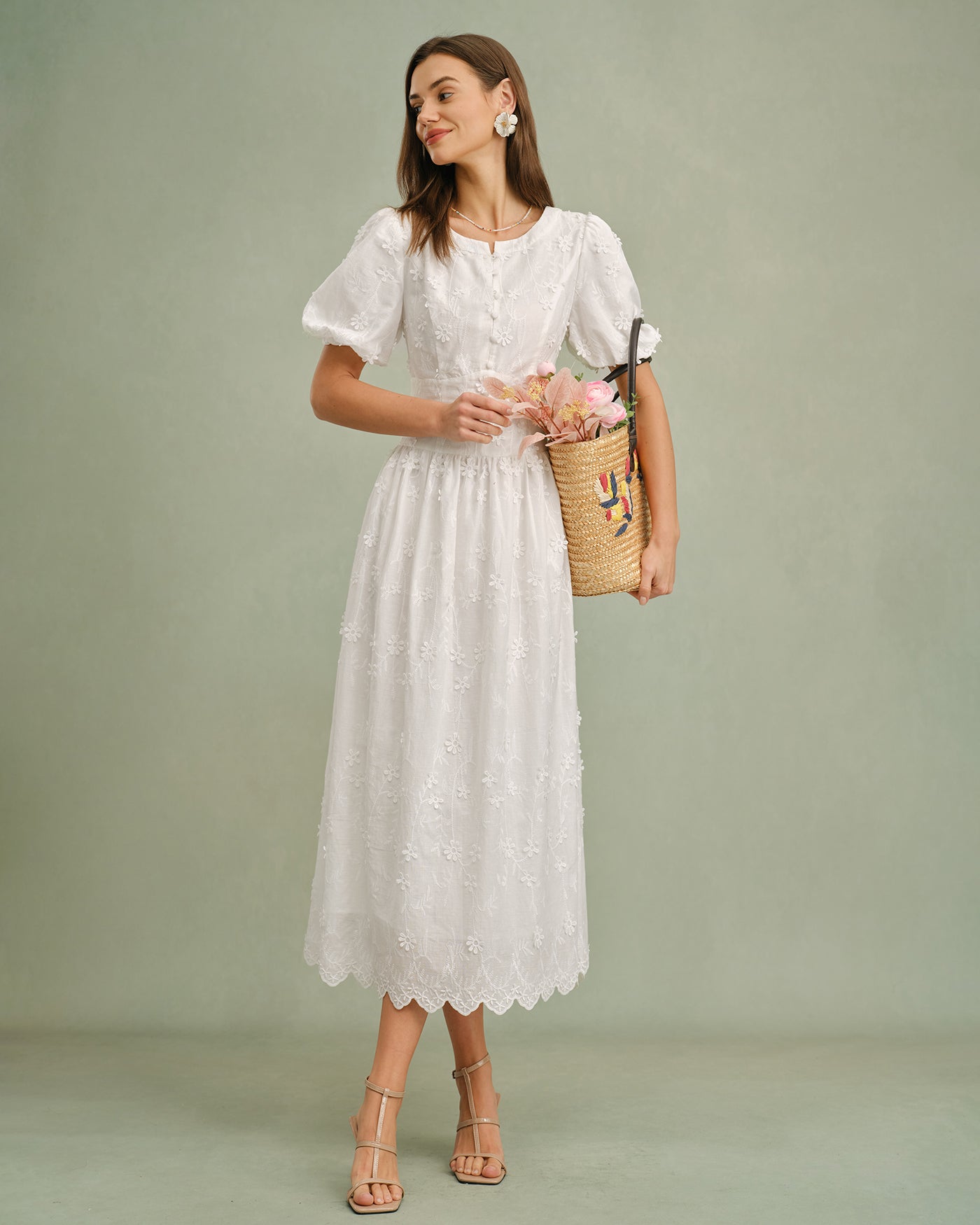 Delphine Cotton Floral Puffed Sleeve Midi Dress