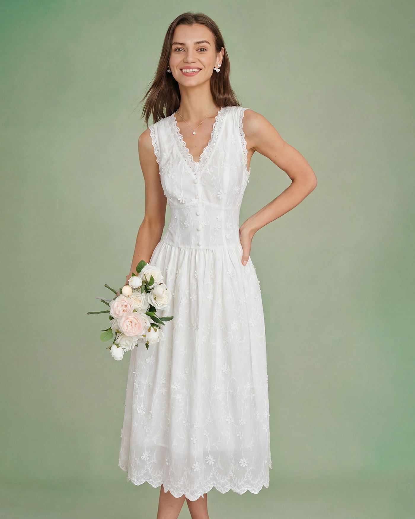 Celestine Cotton Floral Embroidery Sleeveless Midi Dress