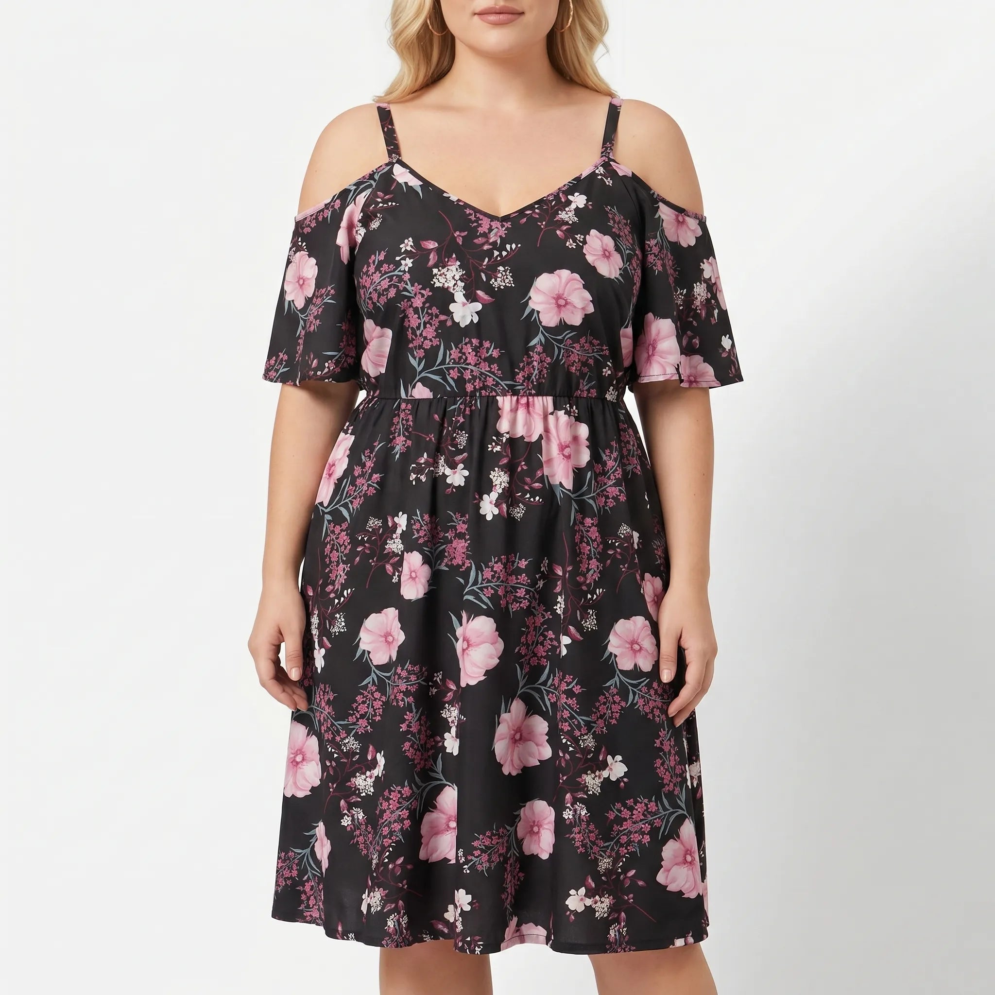 Rosenna Cold-Shoulder Floral Midi Dress