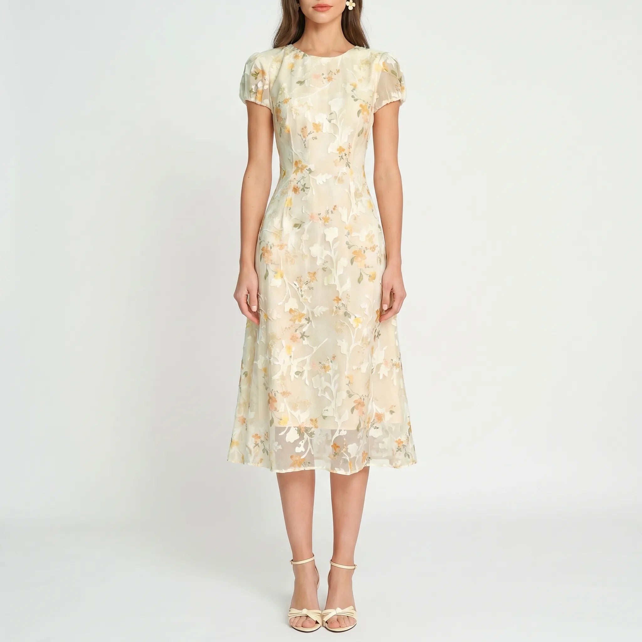 Rosette Textured Floral Midi Dress
