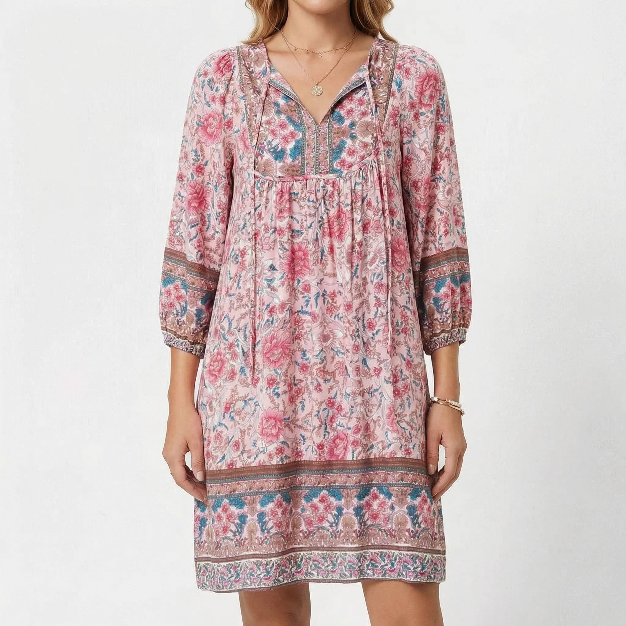 Solenne Floral V-Neck Puff Sleeve Mini Dress
