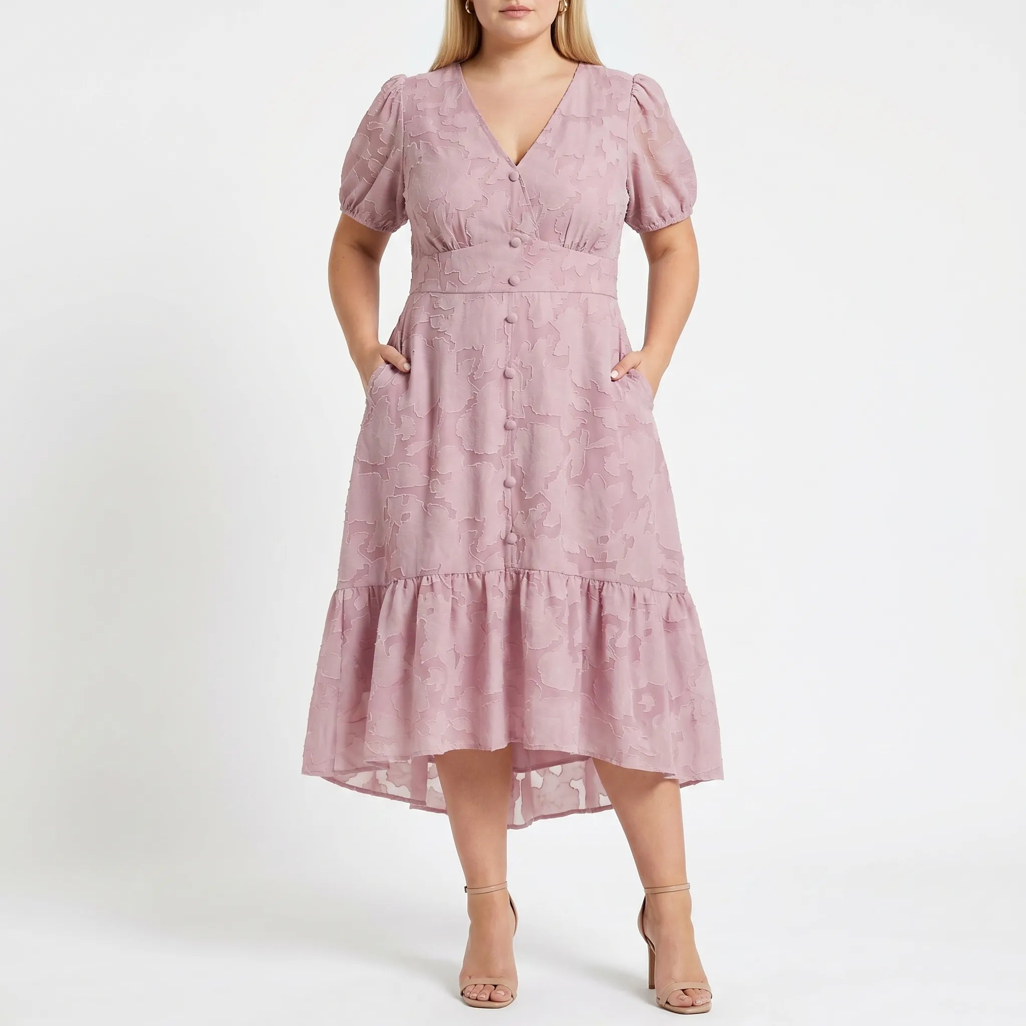 Celestine Textured Lantern Sleeve Midi Dress