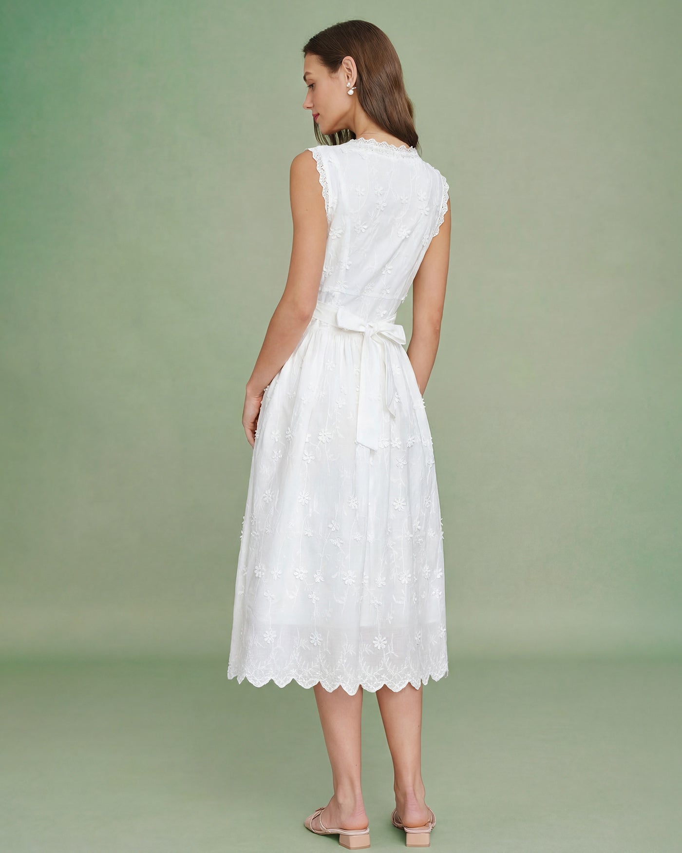Celestine Cotton Floral Embroidery Sleeveless Midi Dress