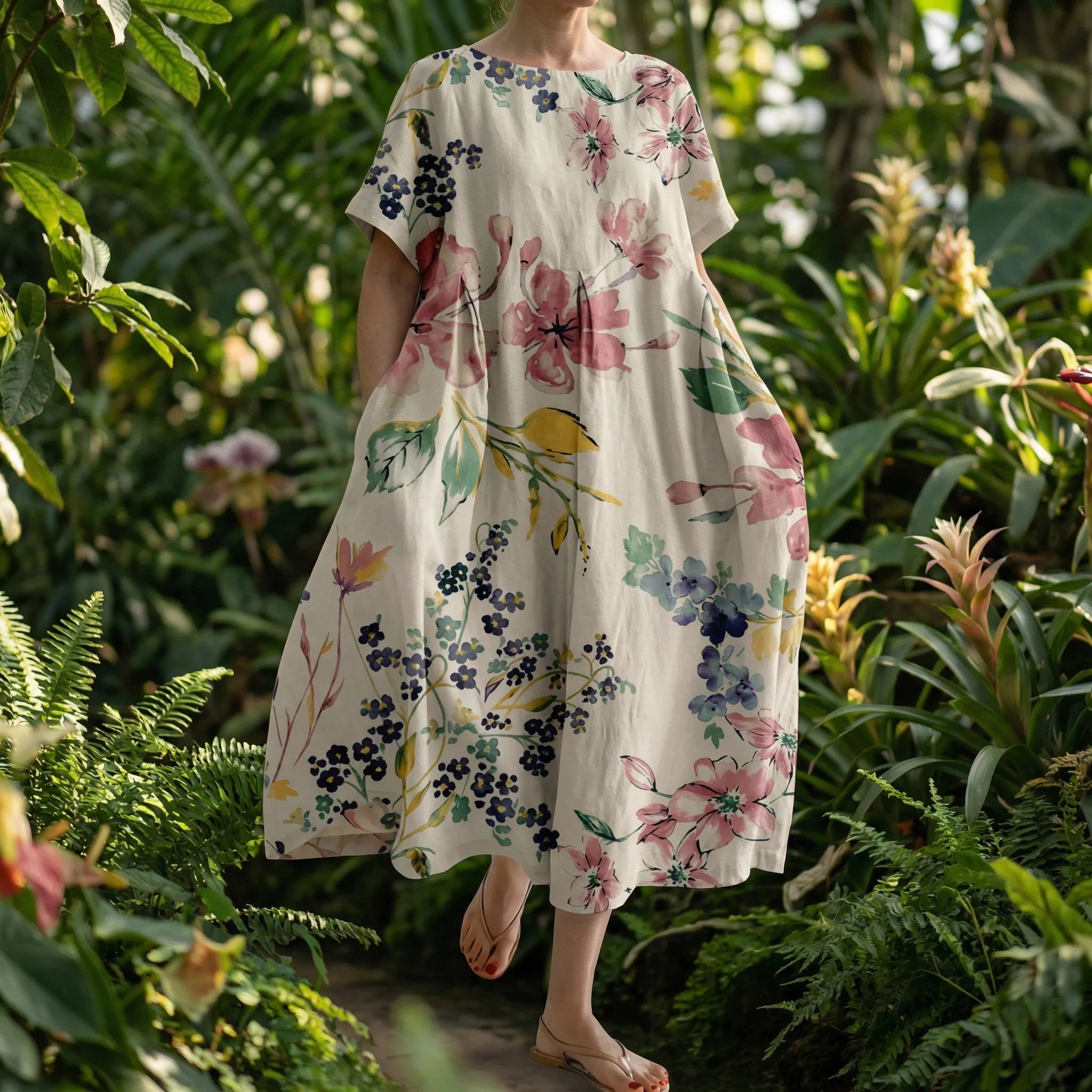 Calista Linen Cotton Floral Print Maxi Dress
