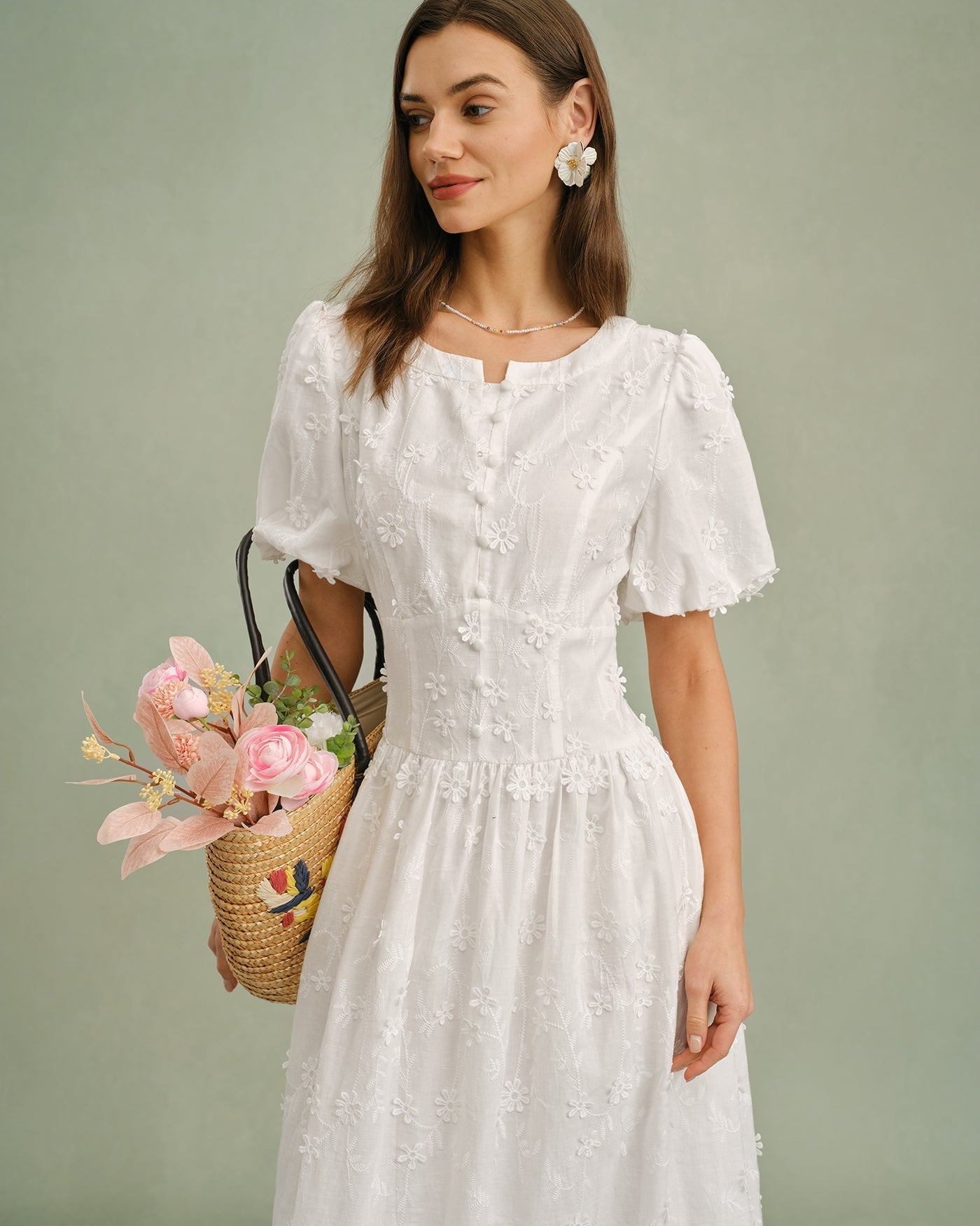 Delphine Cotton Floral Puffed Sleeve Midi Dress
