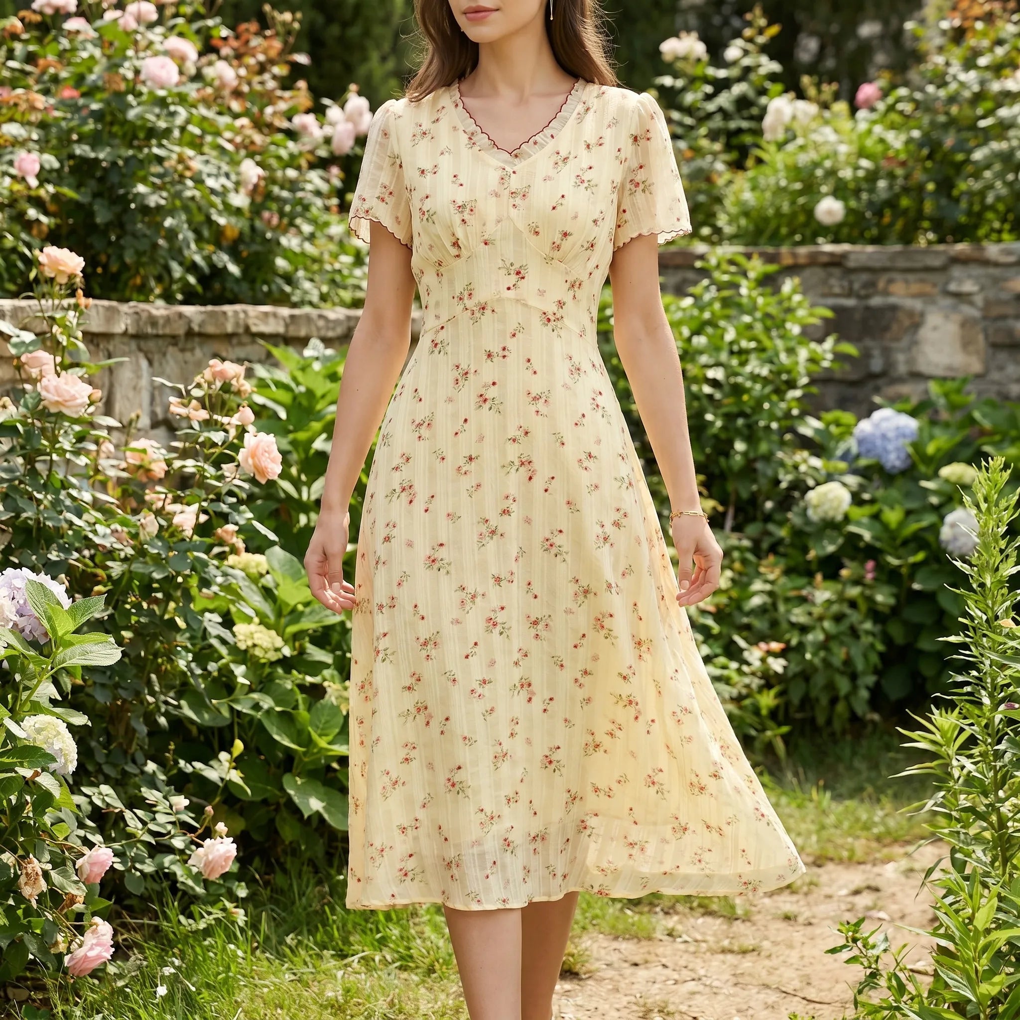 Belaire Floral V-Neck Midi Dress