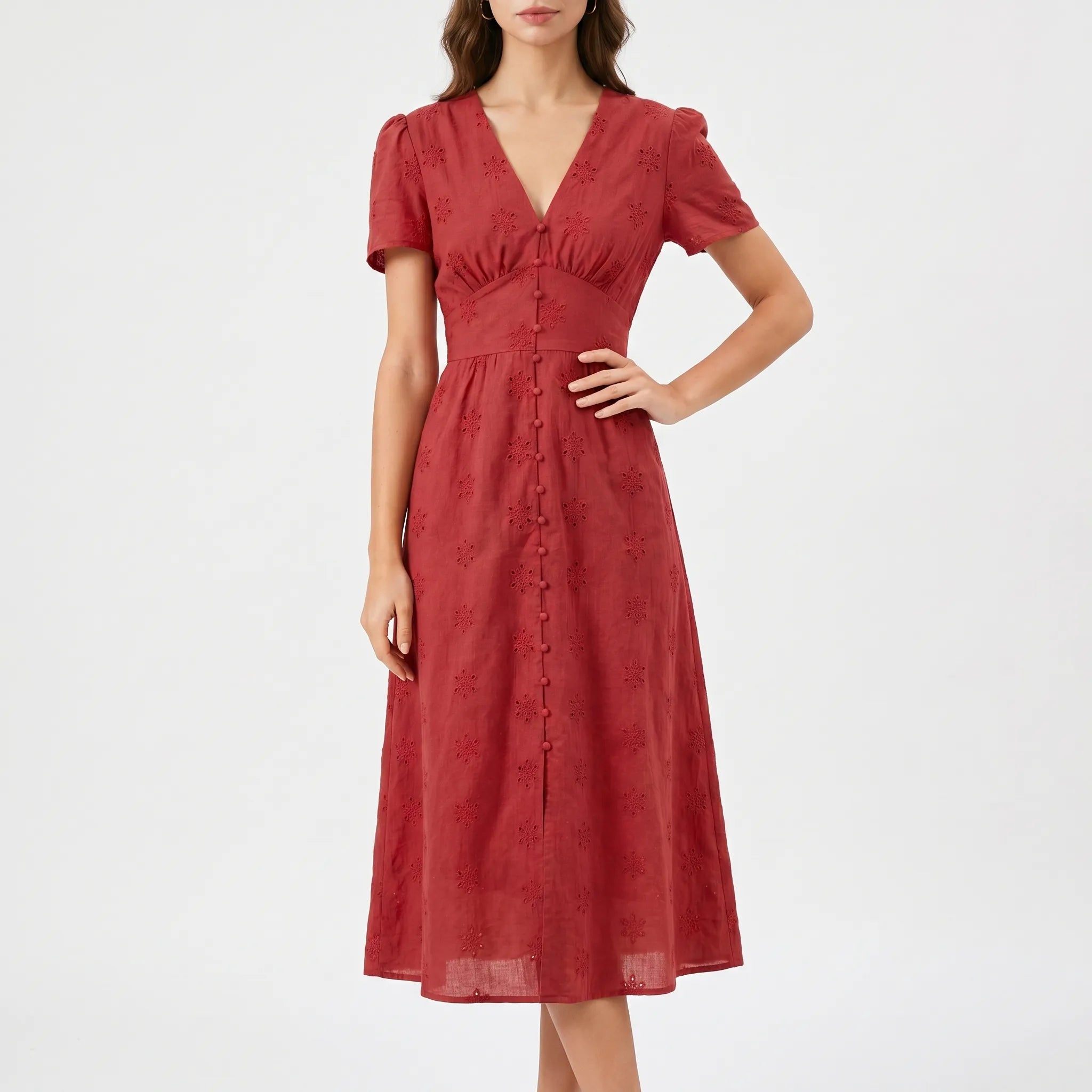 Adaline Cotton V-Neck Embroidered Midi Dress