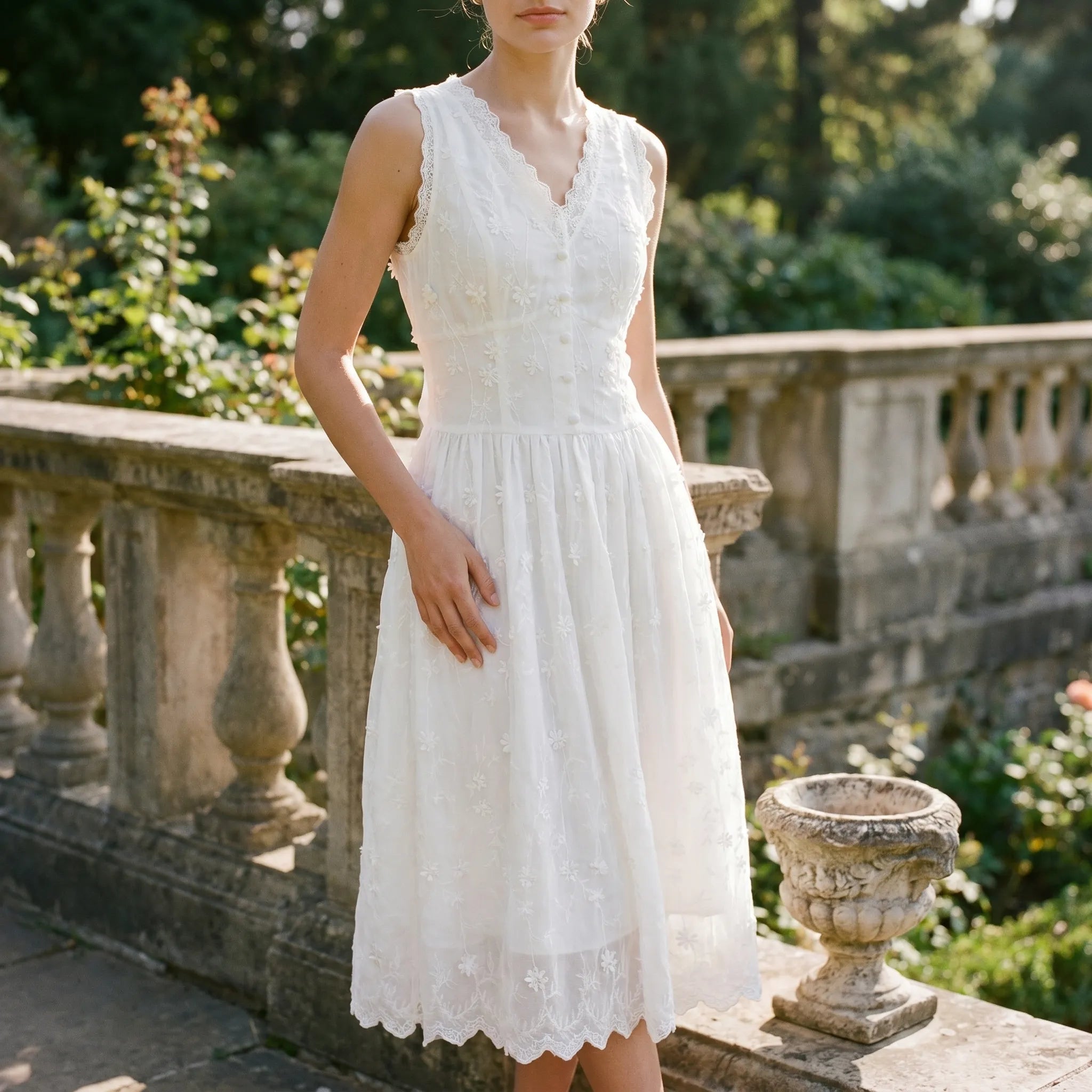 Celestine Cotton Floral Embroidery Sleeveless Midi Dress