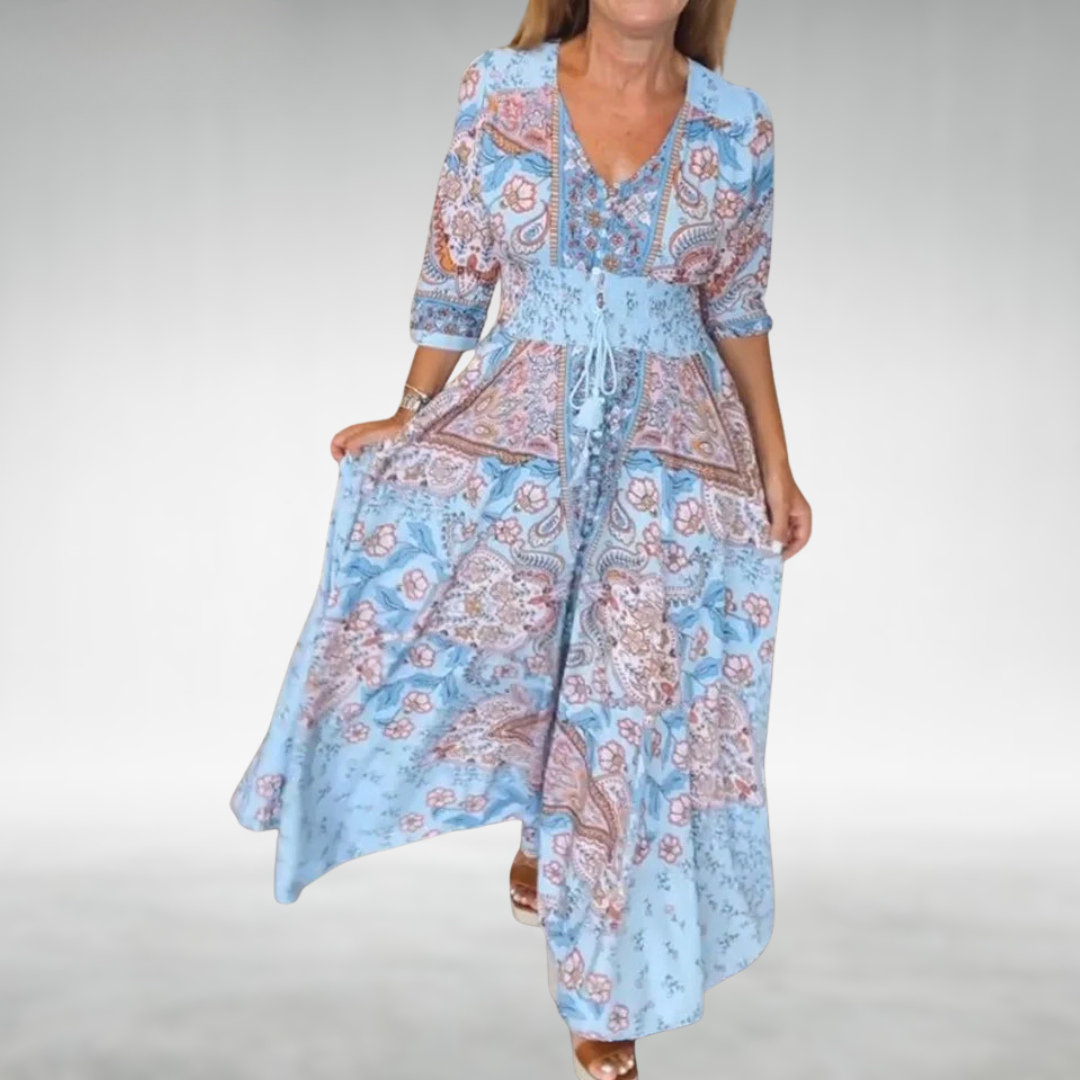 Valeria Paisley V-Neck 3/4 Sleeve Maxi Dress