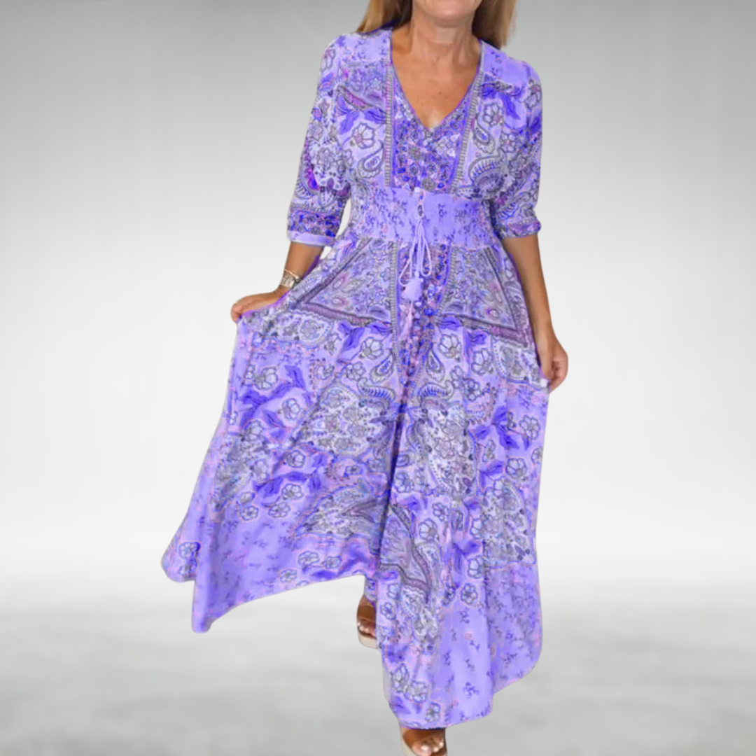 Valeria Paisley V-Neck 3/4 Sleeve Maxi Dress
