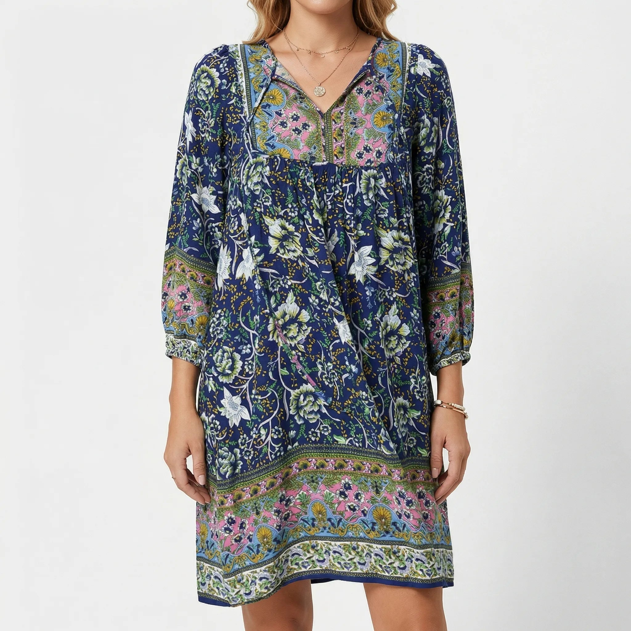 Solenne Floral V-Neck Puff Sleeve Mini Dress