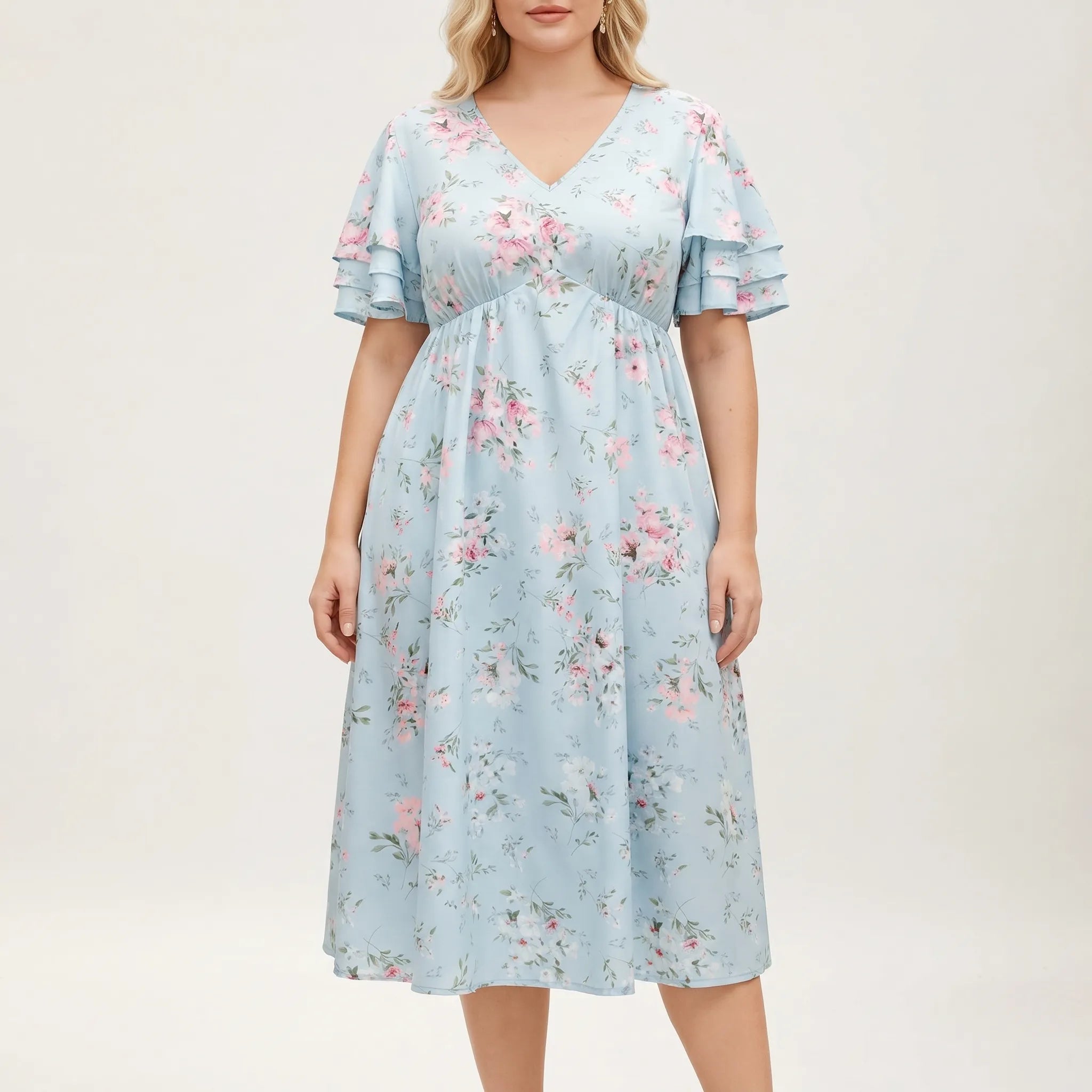 Rosetta Floral Midi Dress With Ruffle Sleeves