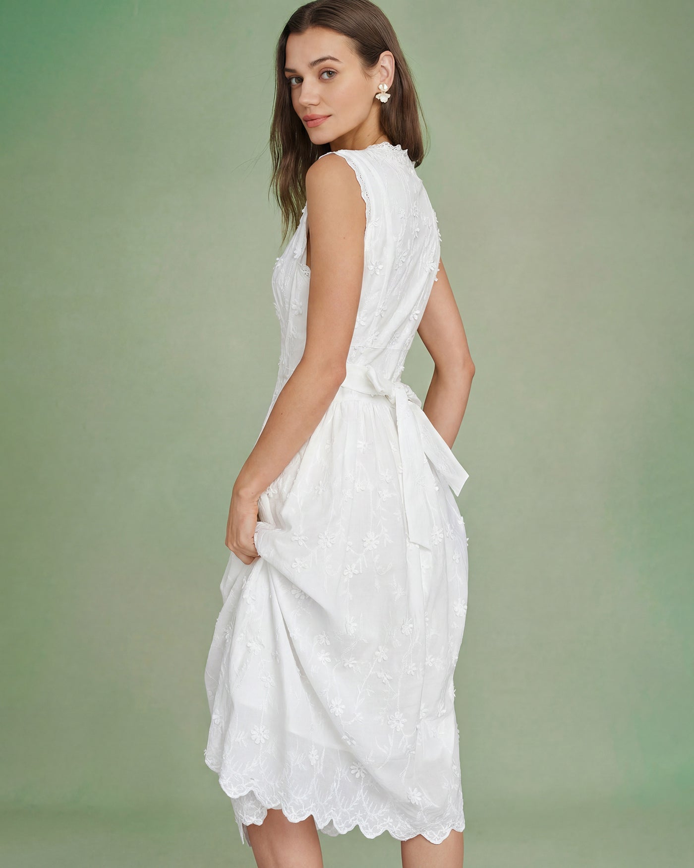 Celestine Cotton Floral Embroidery Sleeveless Midi Dress