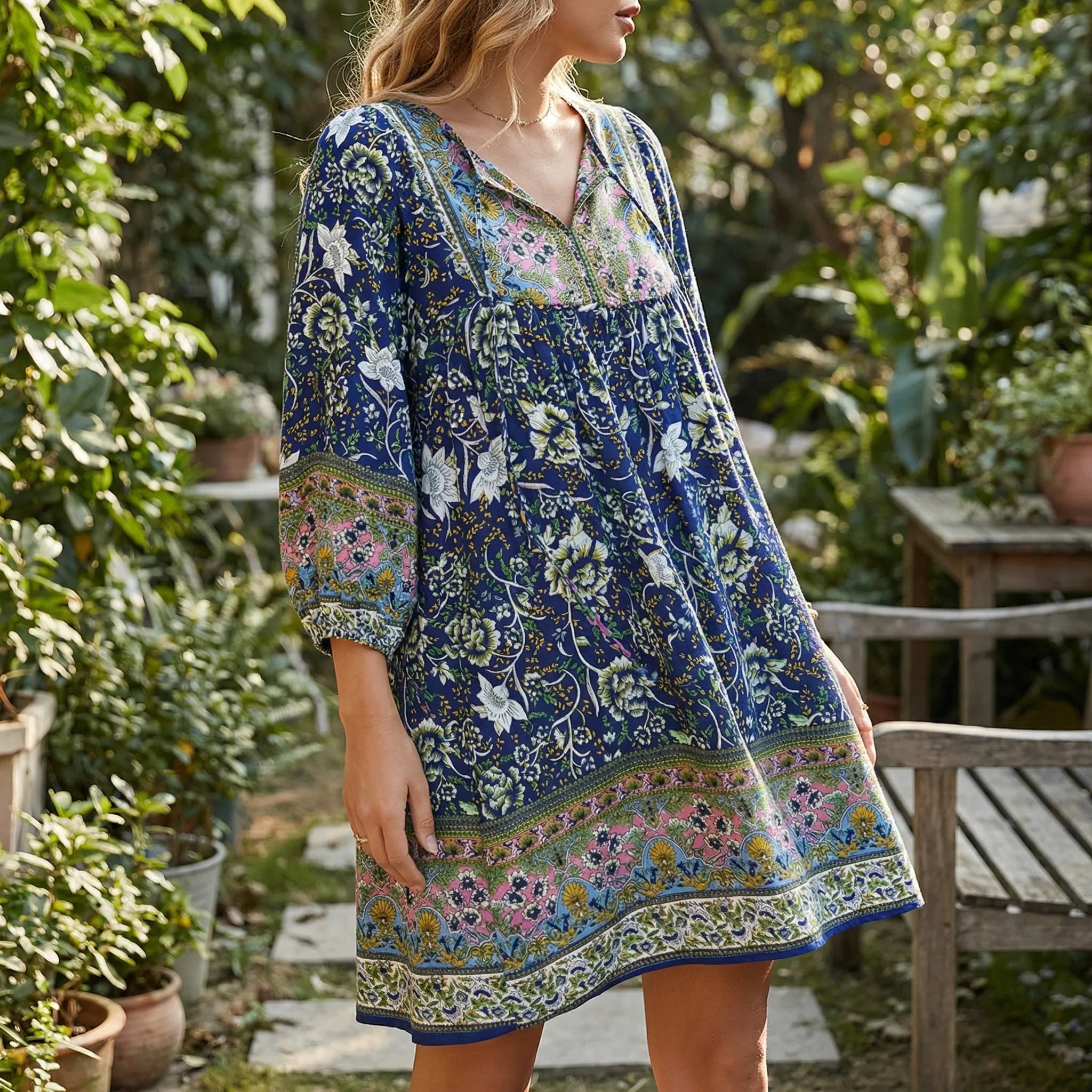 Solenne Floral V-Neck Puff Sleeve Mini Dress