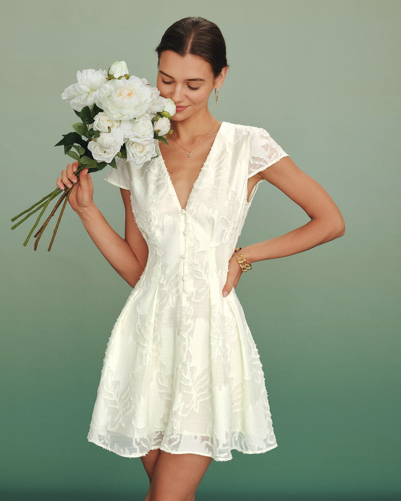 Solene Textured V-Neck A-Line Mini Dress