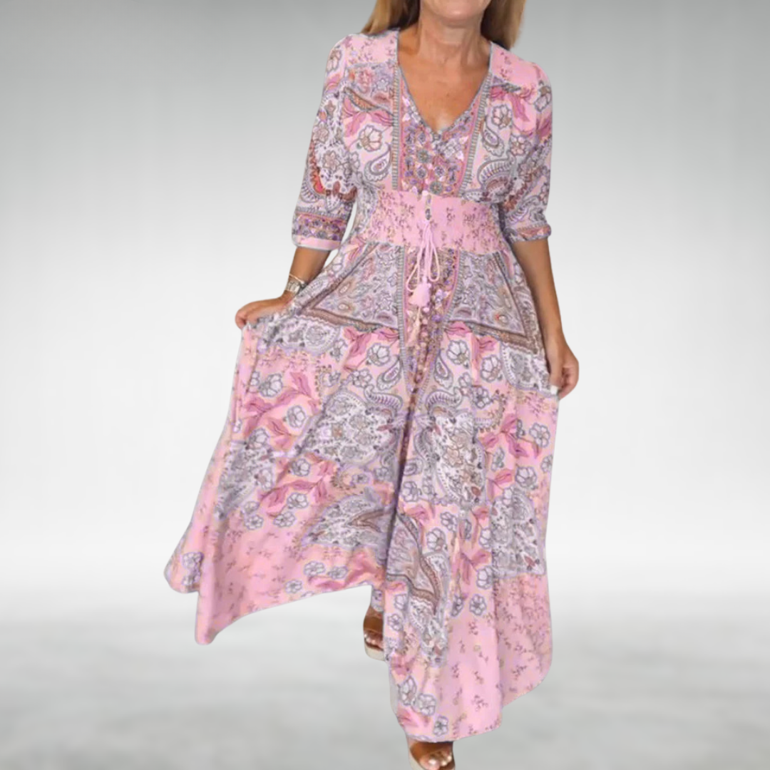 Valeria Paisley V-Neck 3/4 Sleeve Maxi Dress