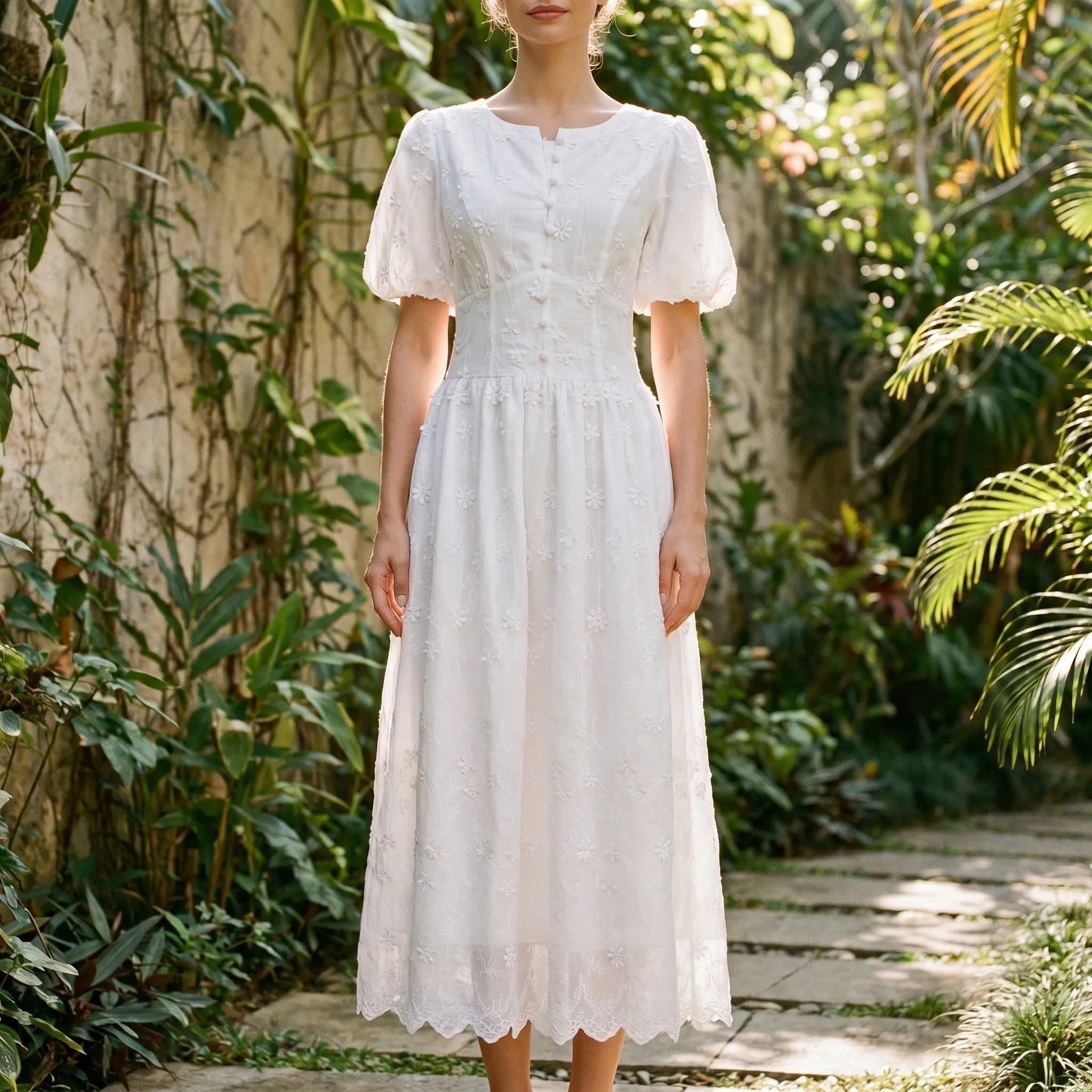 Delphine Cotton Floral Puffed Sleeve Midi Dress