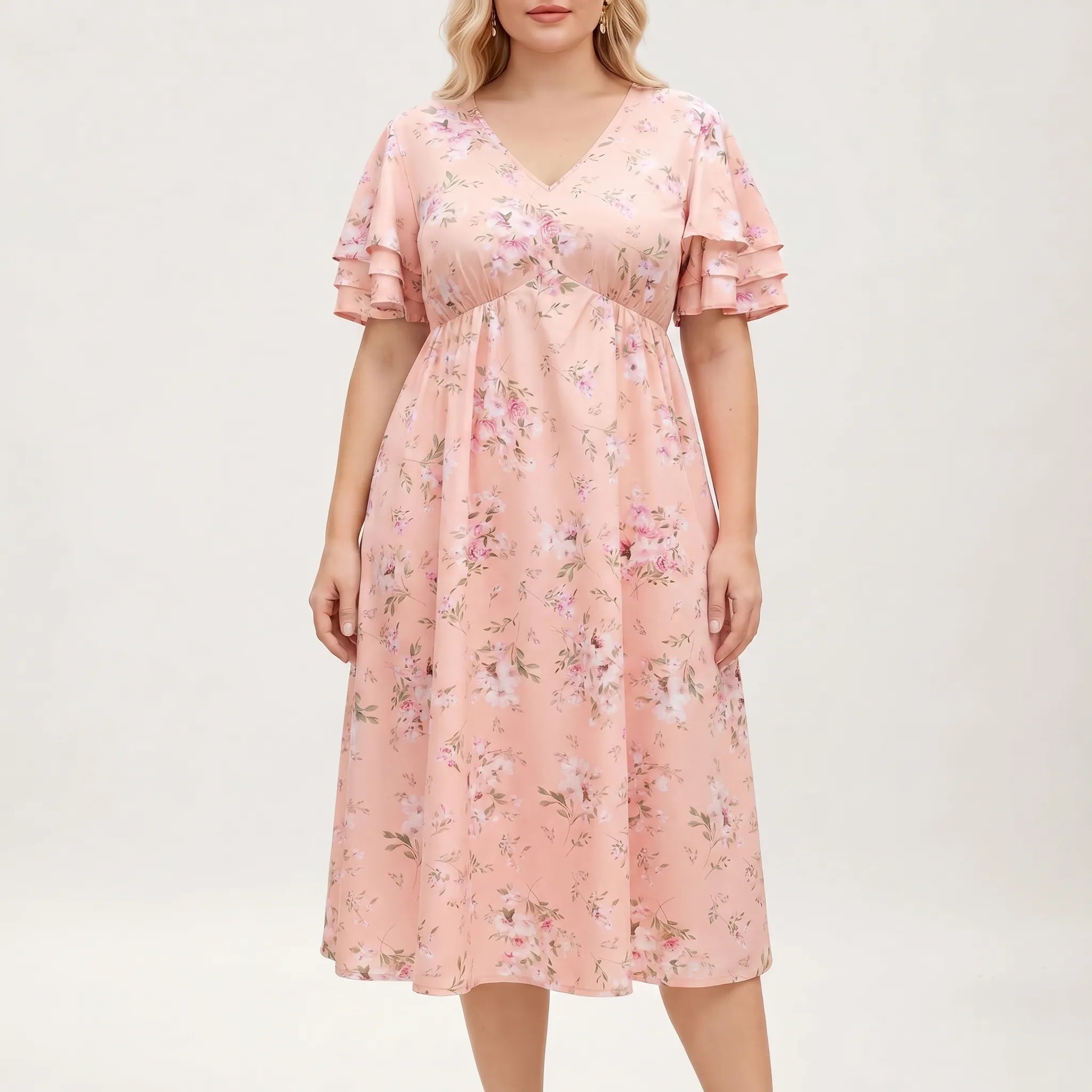 Rosetta Floral Midi Dress With Ruffle Sleeves