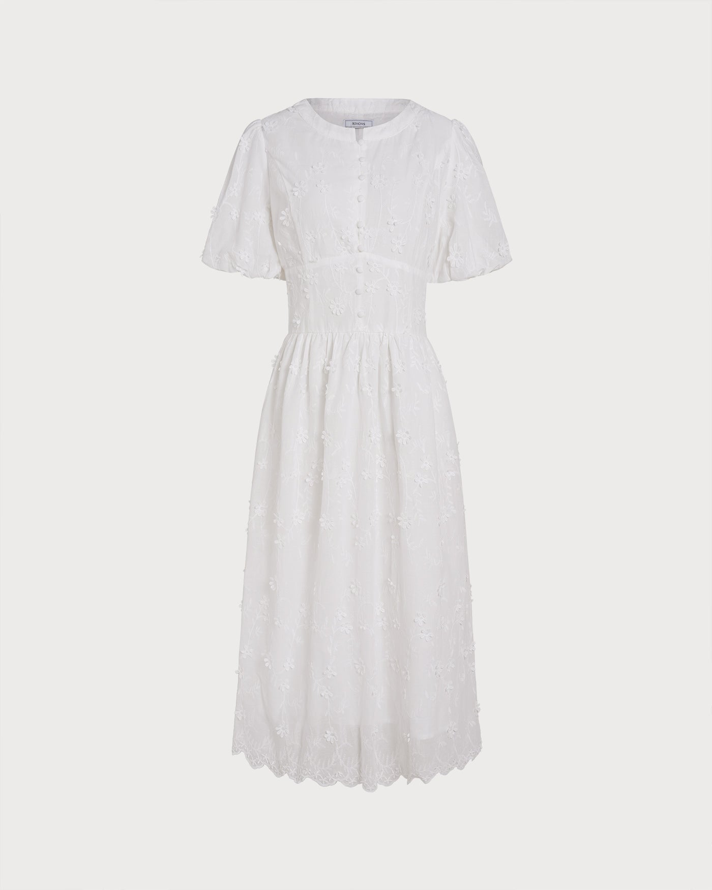 Delphine Cotton Floral Puffed Sleeve Midi Dress