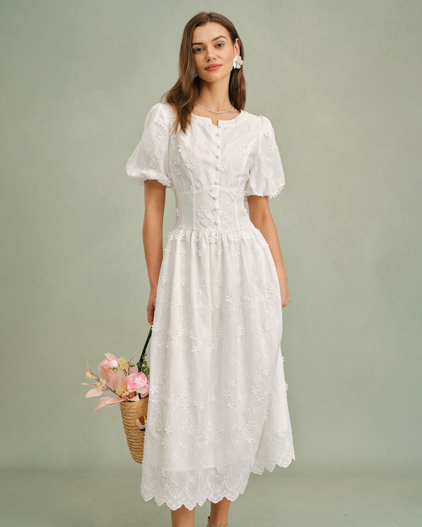 Delphine Cotton Floral Puffed Sleeve Midi Dress